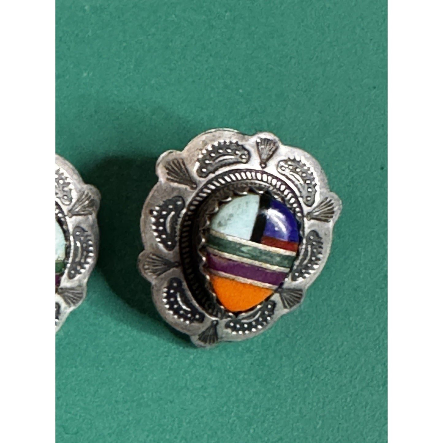 Vintage Native American Style Sterling Silver Zuni Inlay 5/8” Earrings O.T.