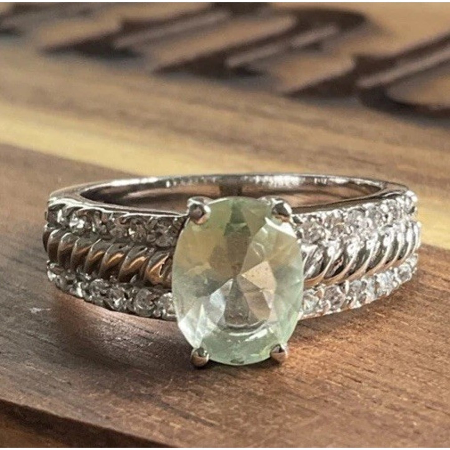 Sterling Silver Green Gemstone Halo Ring Oval Statement Ring 925 Size 8
