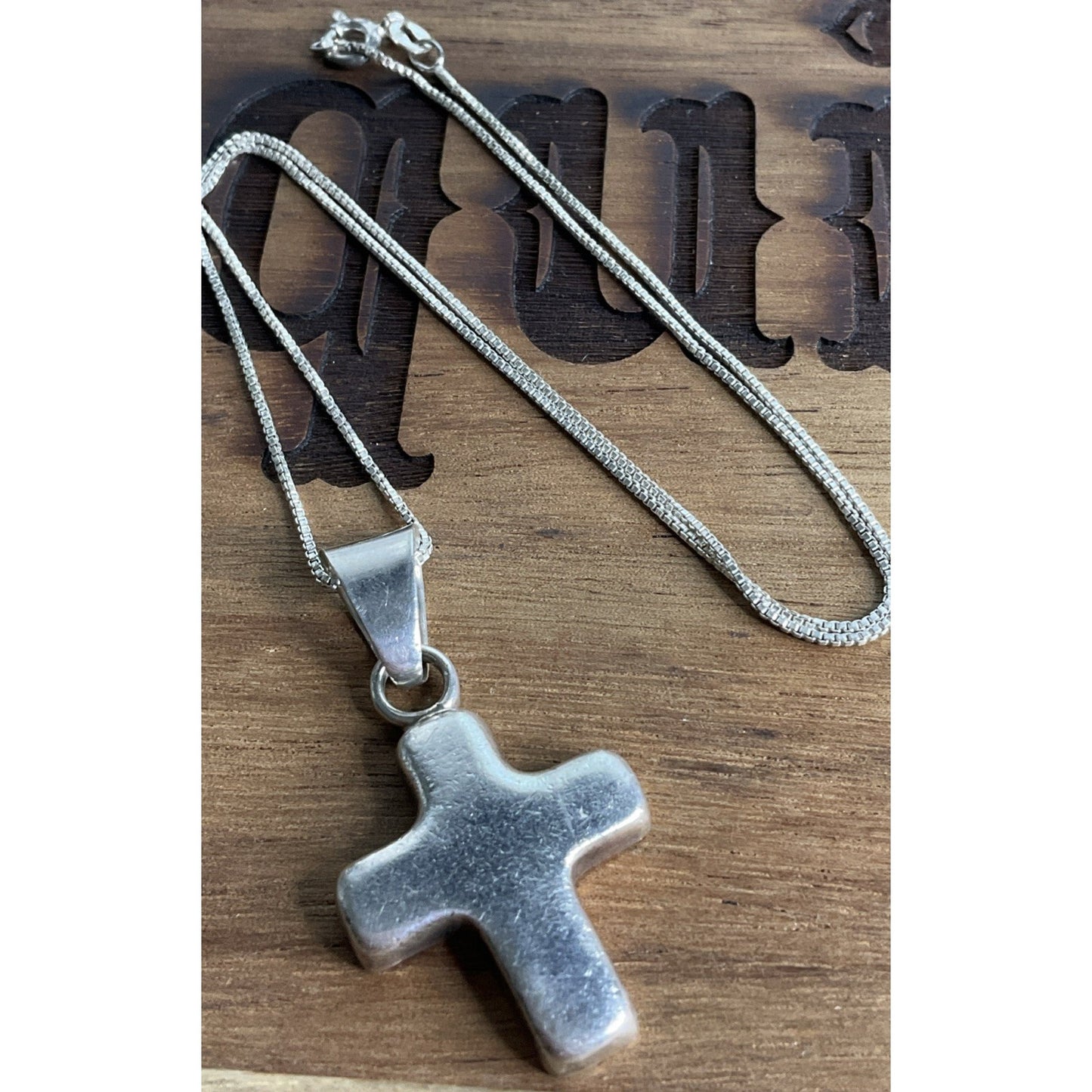 Vintage Sterling Silver Puffy Cross Pendant Necklace Rounded Cross