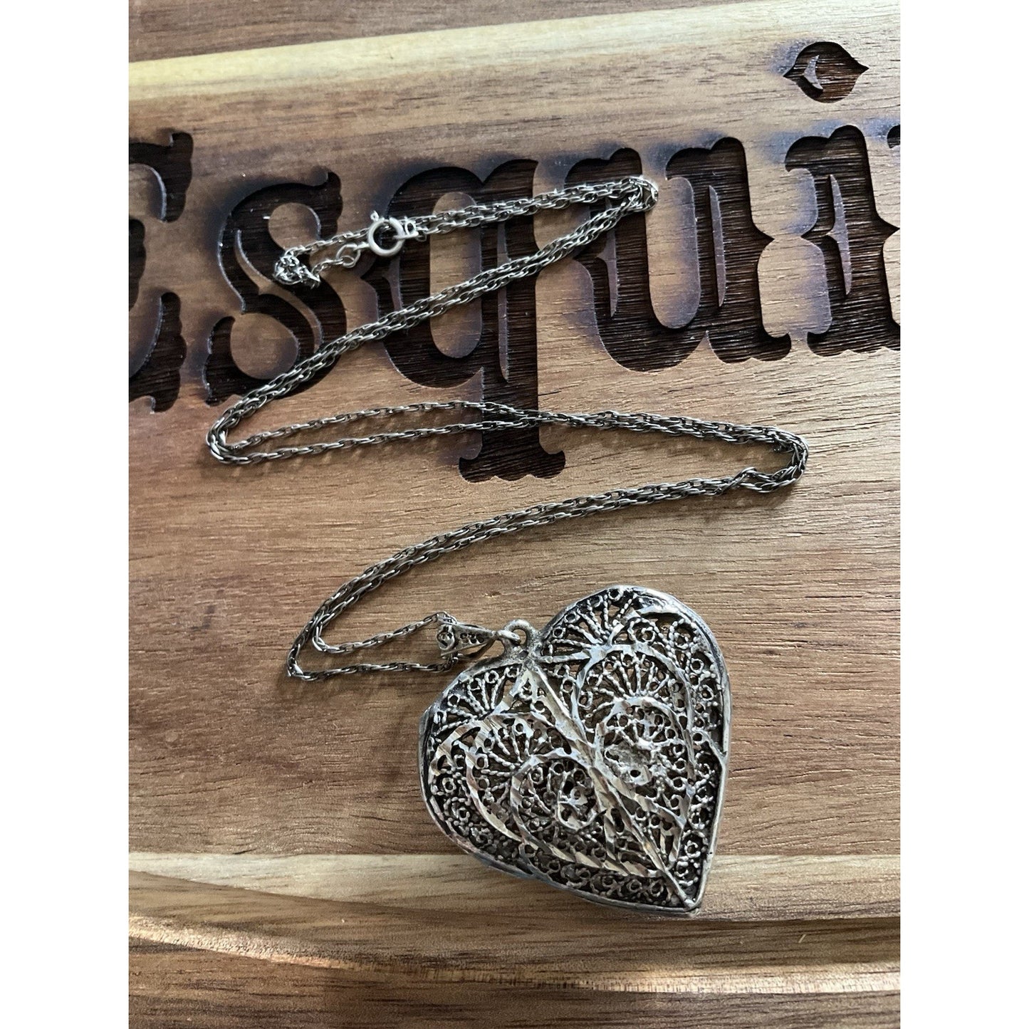 Vintage Sterling Silver Filigree Heart Pendant Necklace 925 Large Ornate Scroll