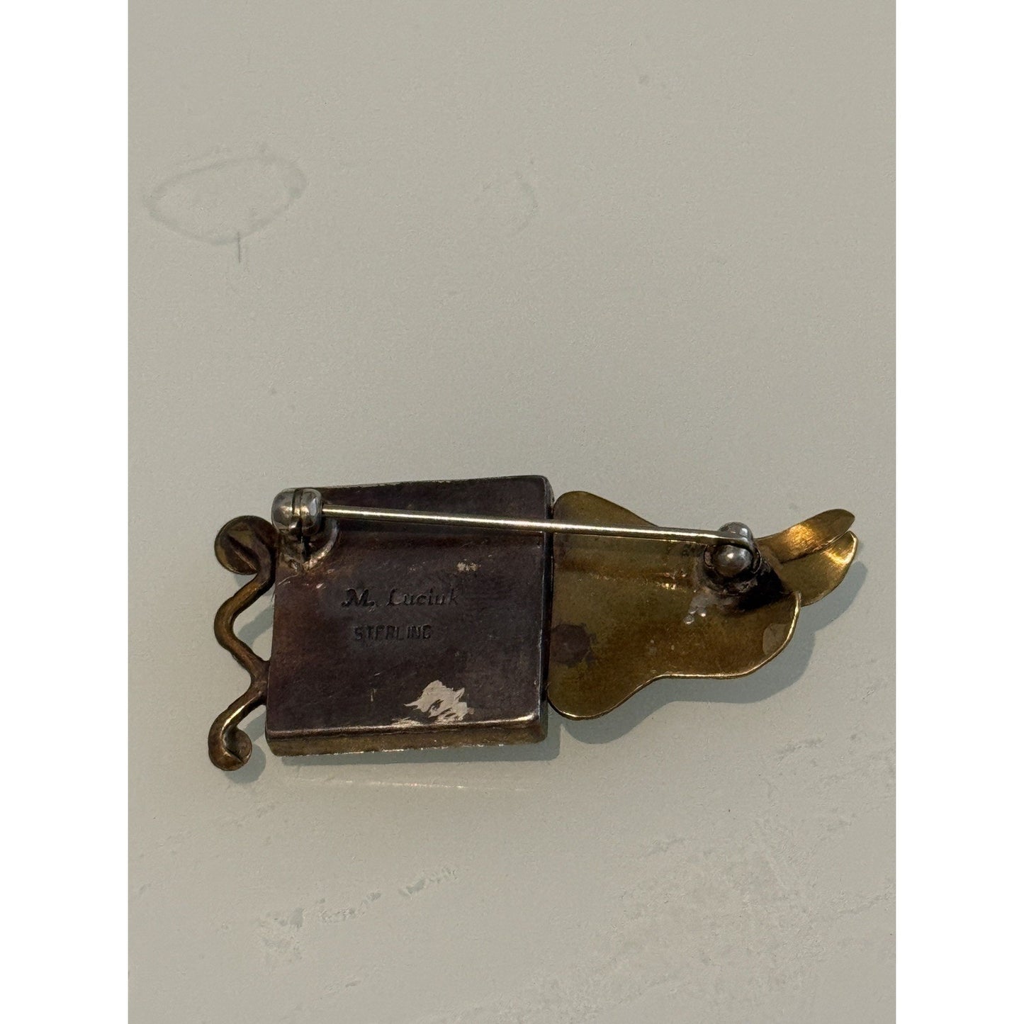 Mary Lucuk Sterling Silver Brass Face Brooch Artisan Modernist Pin Blue Cabachon
