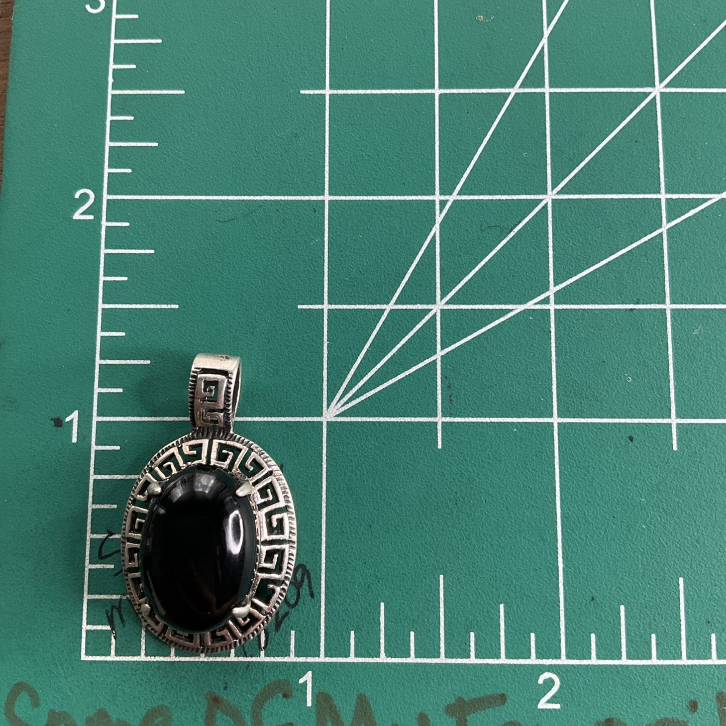 Sterling Silver Black Onyx Pendant 925 Greek Key Oval Cabochon Vintage Style