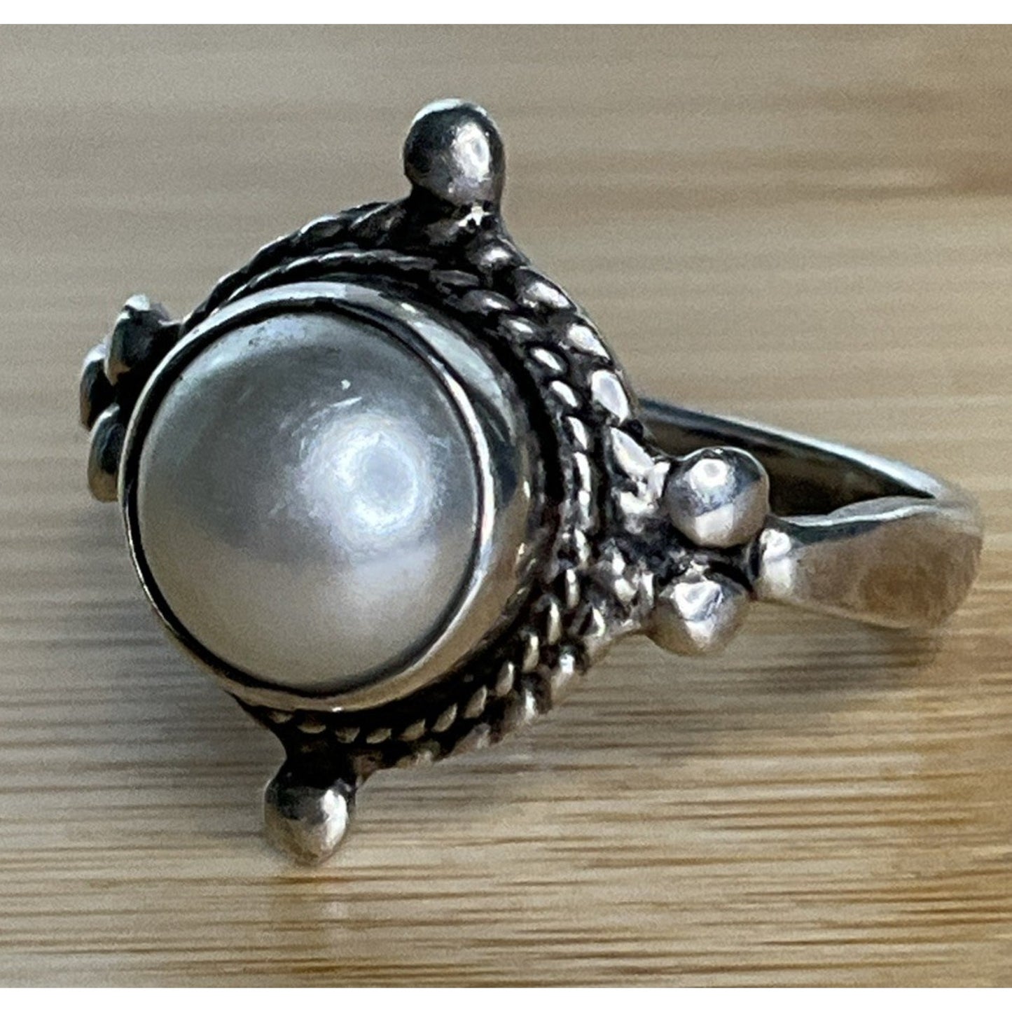 Vintage Sterling Silver Pearl Ring Size 6 Round White Pearl 925 Ring