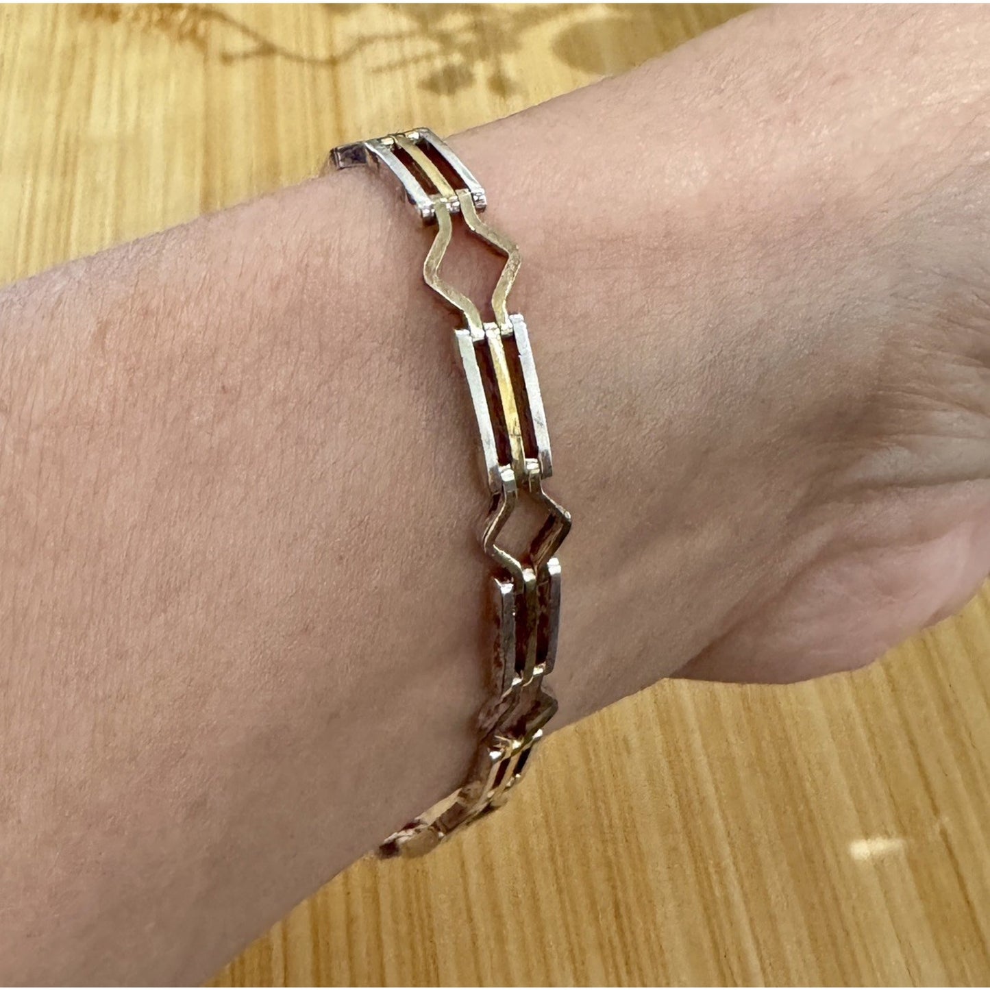 Vintage Italy 925 Sterling Silver And Gold Two Tone Geometric Link Bracelet 7.5”