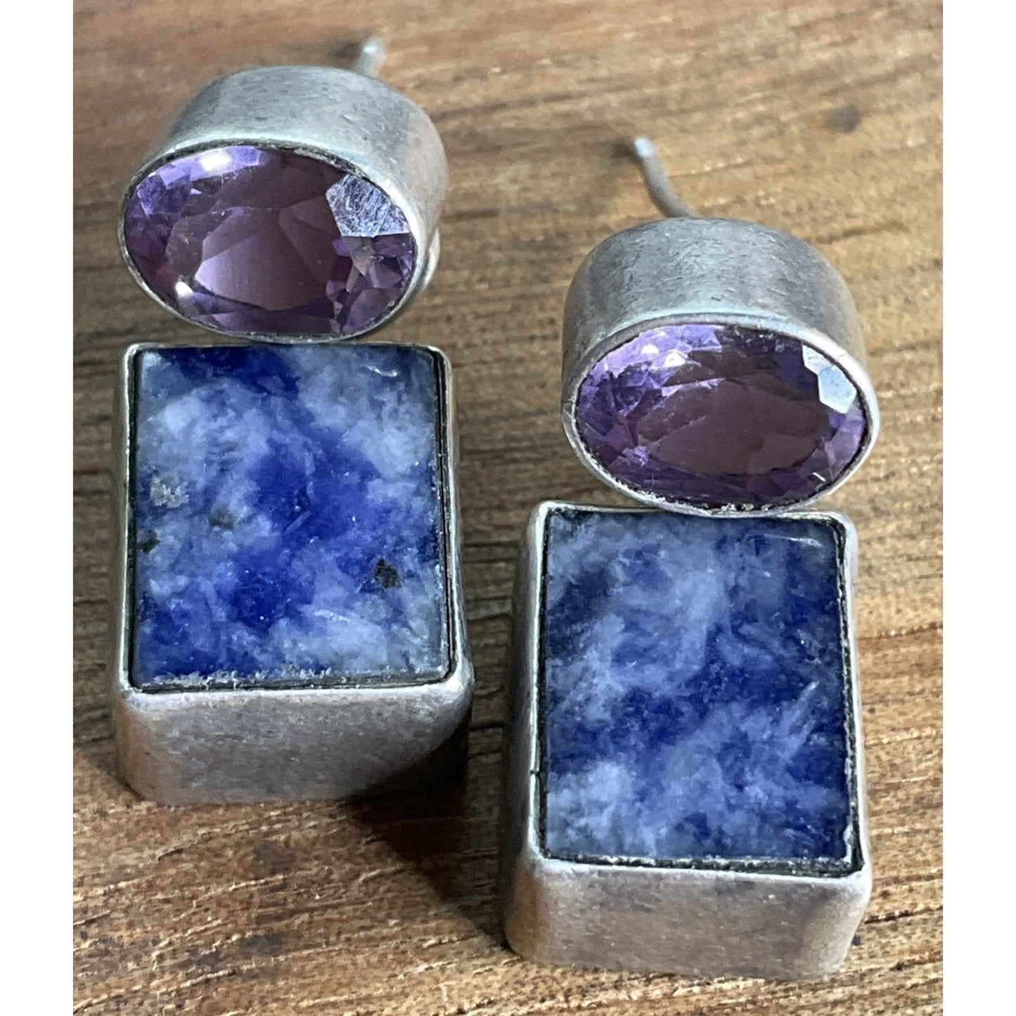 Vintage Sterling Silver Sodalite Amethyst Modernist Dangle Geometric Earrings