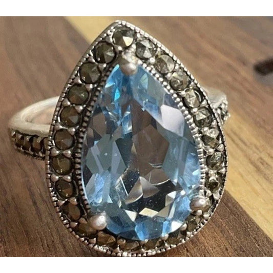 Vintage CNA Thailand 925 Sterling Silver Blue Topaz CZ Marcasite Halo Size 7.5
