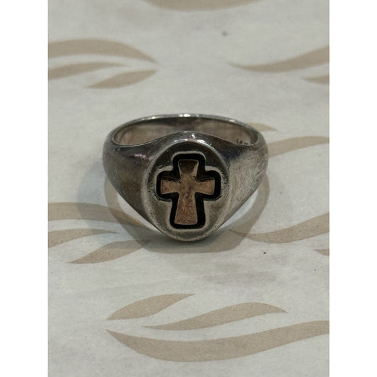 James Avery Retired Sterling Silver Band & 14kt Gold Cross Ring Size 5 Pre-Owned