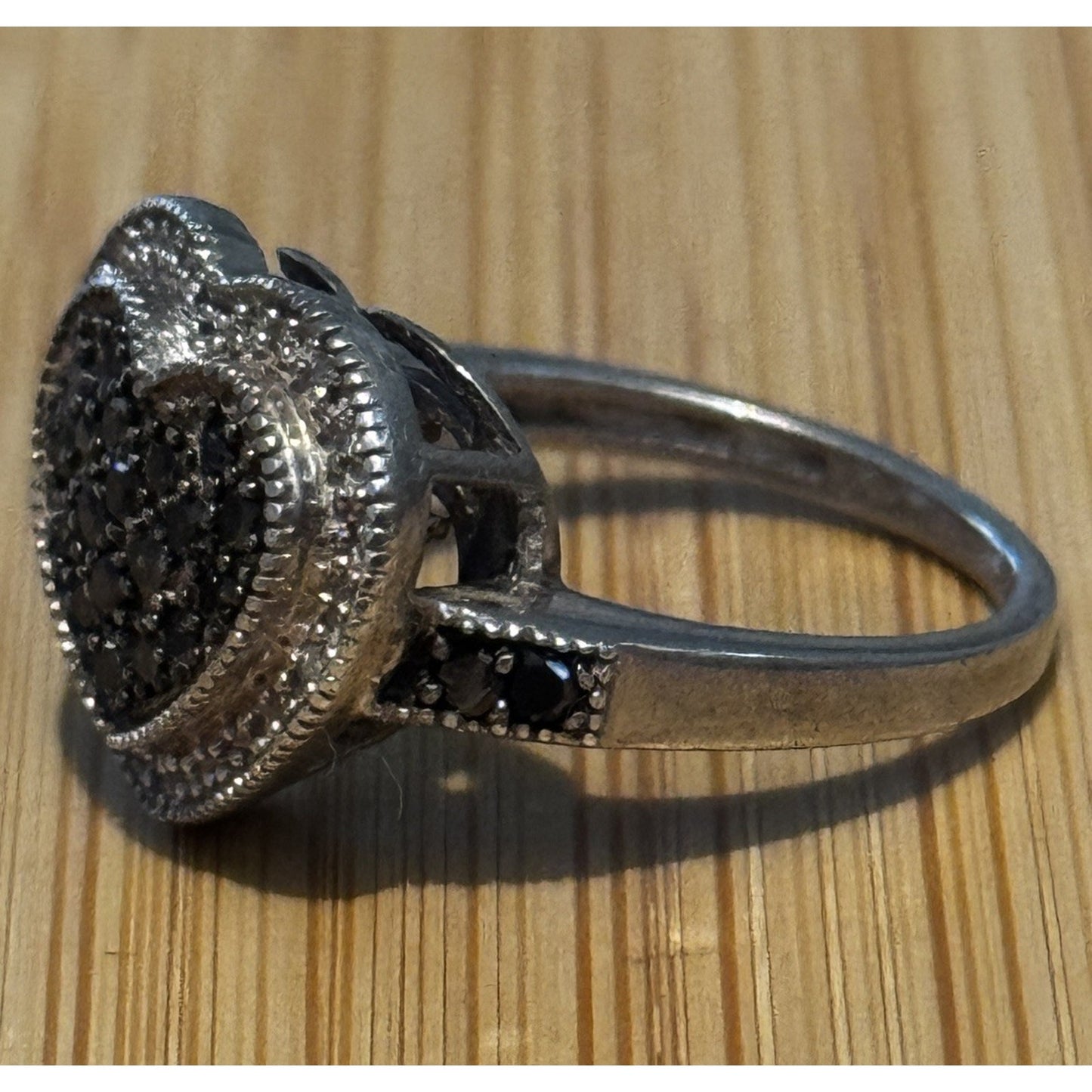 Vintage Sterling Silver Black and White Moissanite Heart Cluster Ring Size 7.5