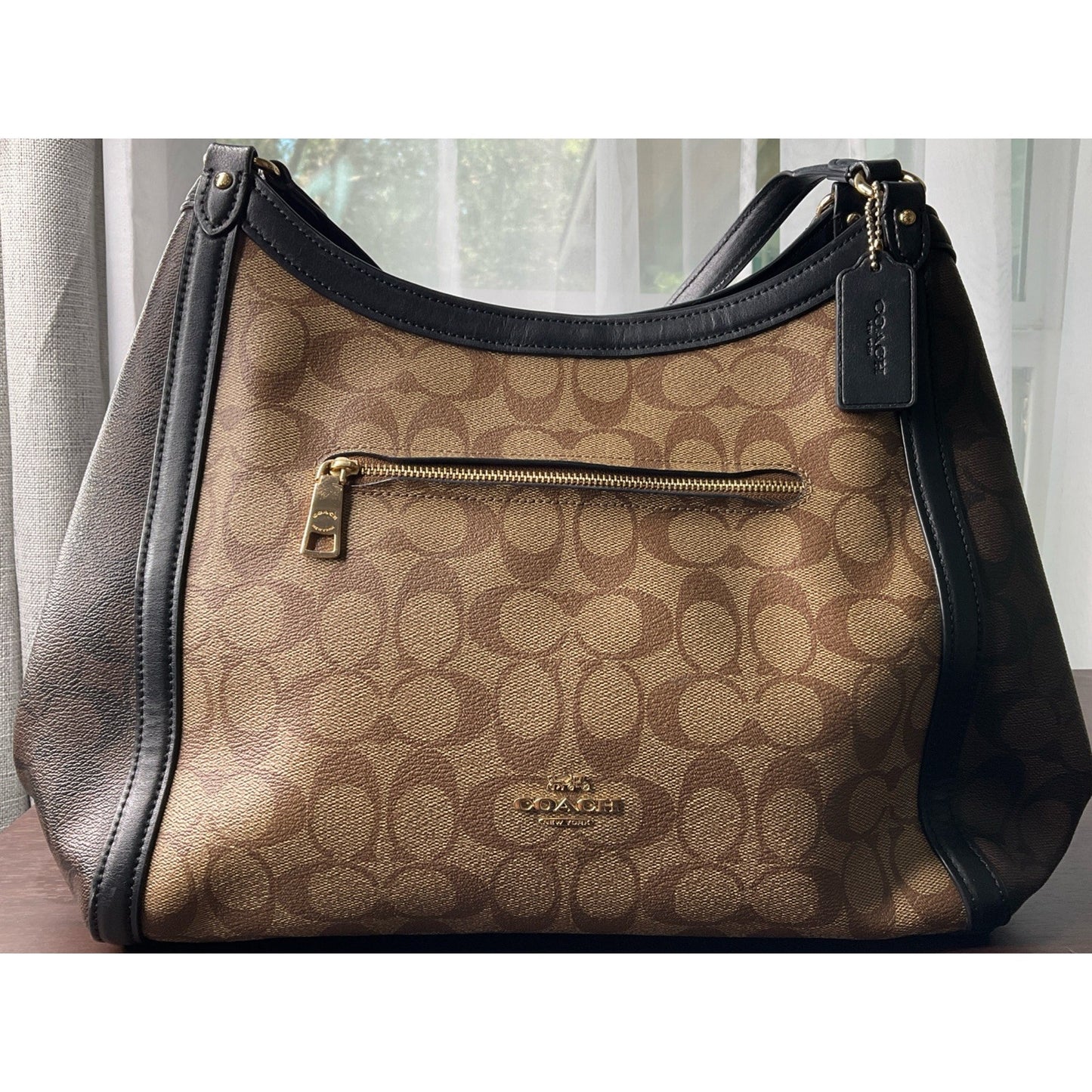 COACH KRISTY Shoulder Bag In Color Block Signature Canvas Khaki And Dark Brown
