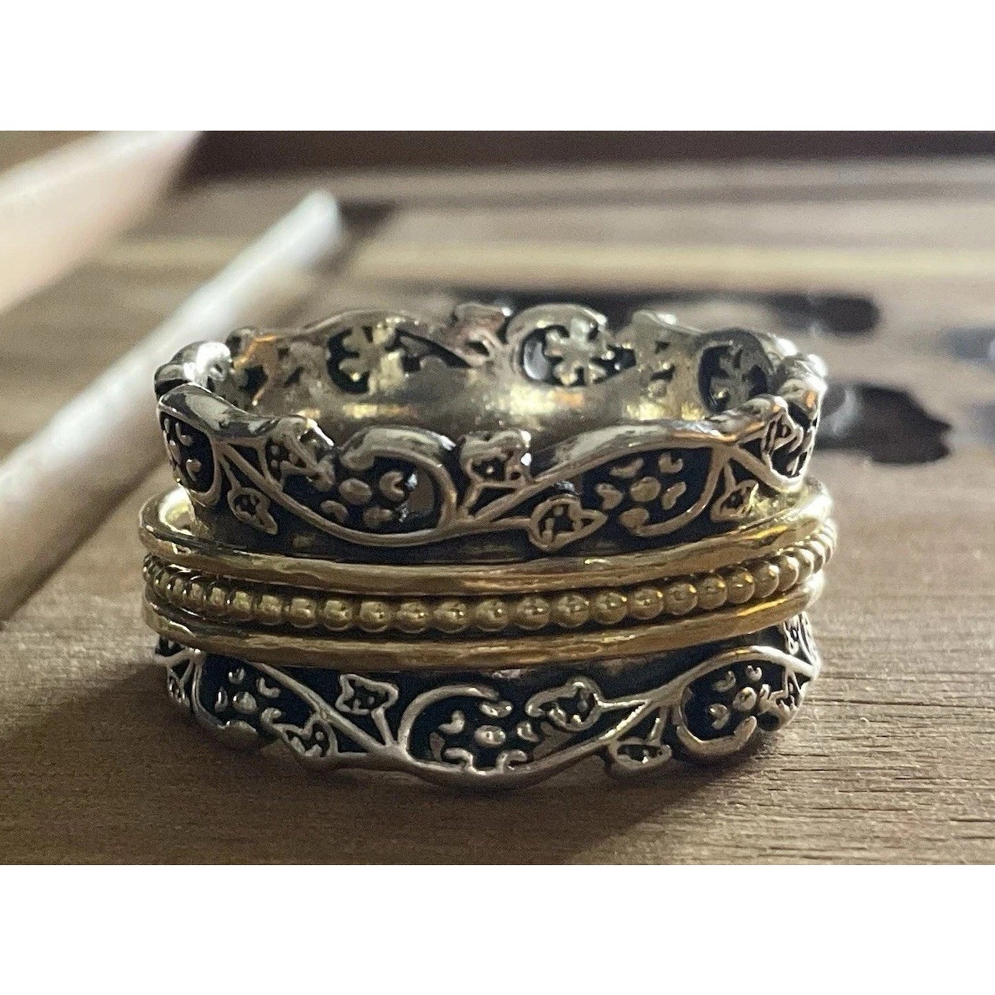 925 Sterling Silver & Gold Spinner Ring Size 9 Israel Meditation Band