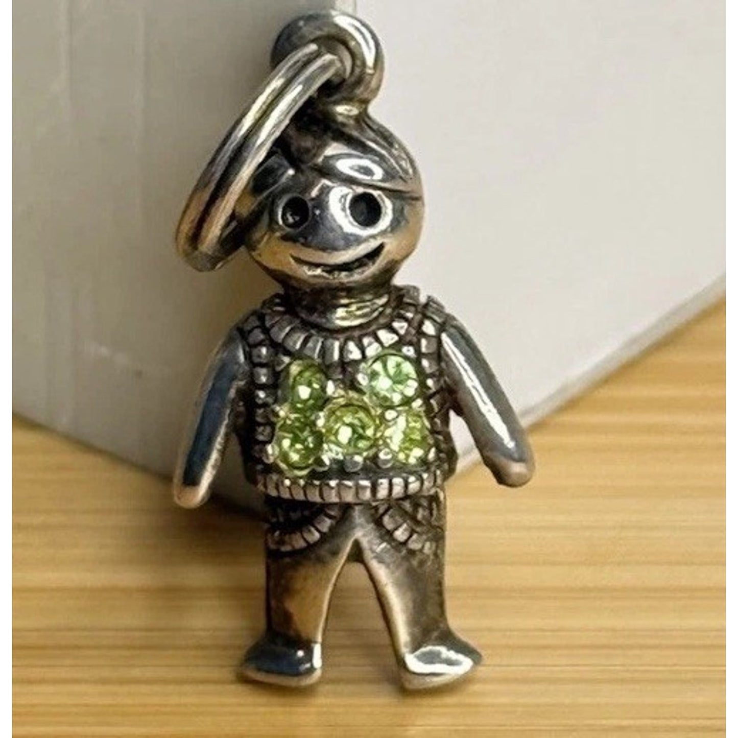 Vintage Sterling Silver Little Boy W/ August Green Rhinestone Birthstones Charm