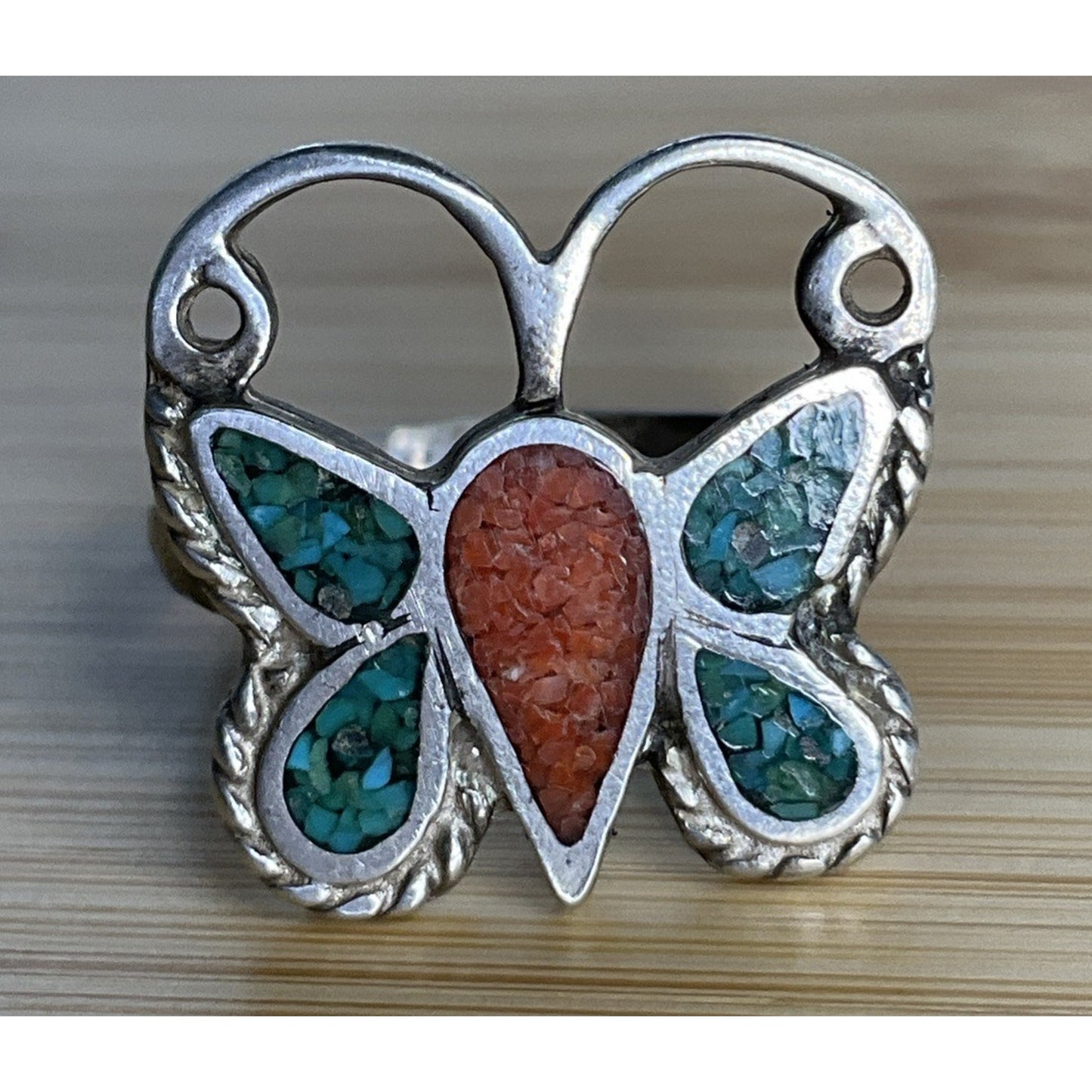 Vintage Sterling Silver Crushed Turquoise Native American Butterfly Ring Sz 5.5