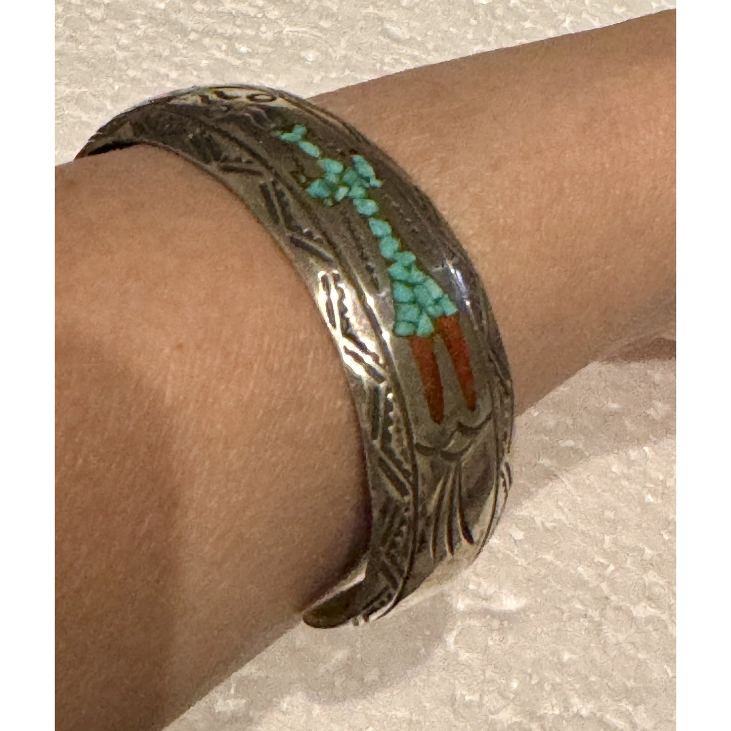 Signed Navajo J Nezzie Sterlin Silver Thunderbird Turquoise Coral Inlay Cuff 23g