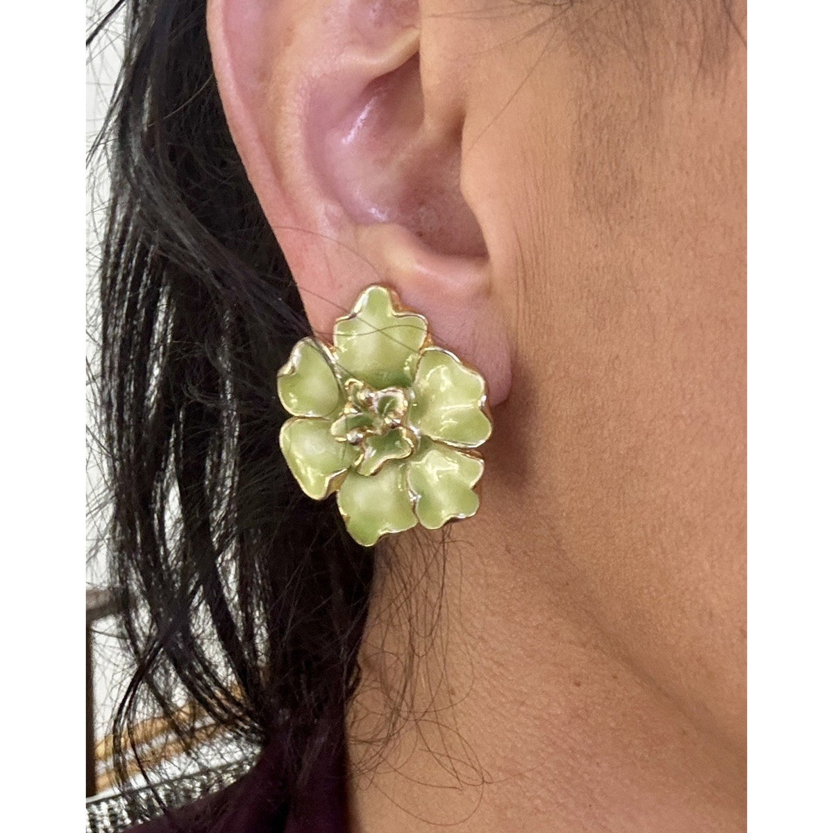 Vintage Green Enamel Flower Clip On Earrings Gold Tone Large Floral Statement
