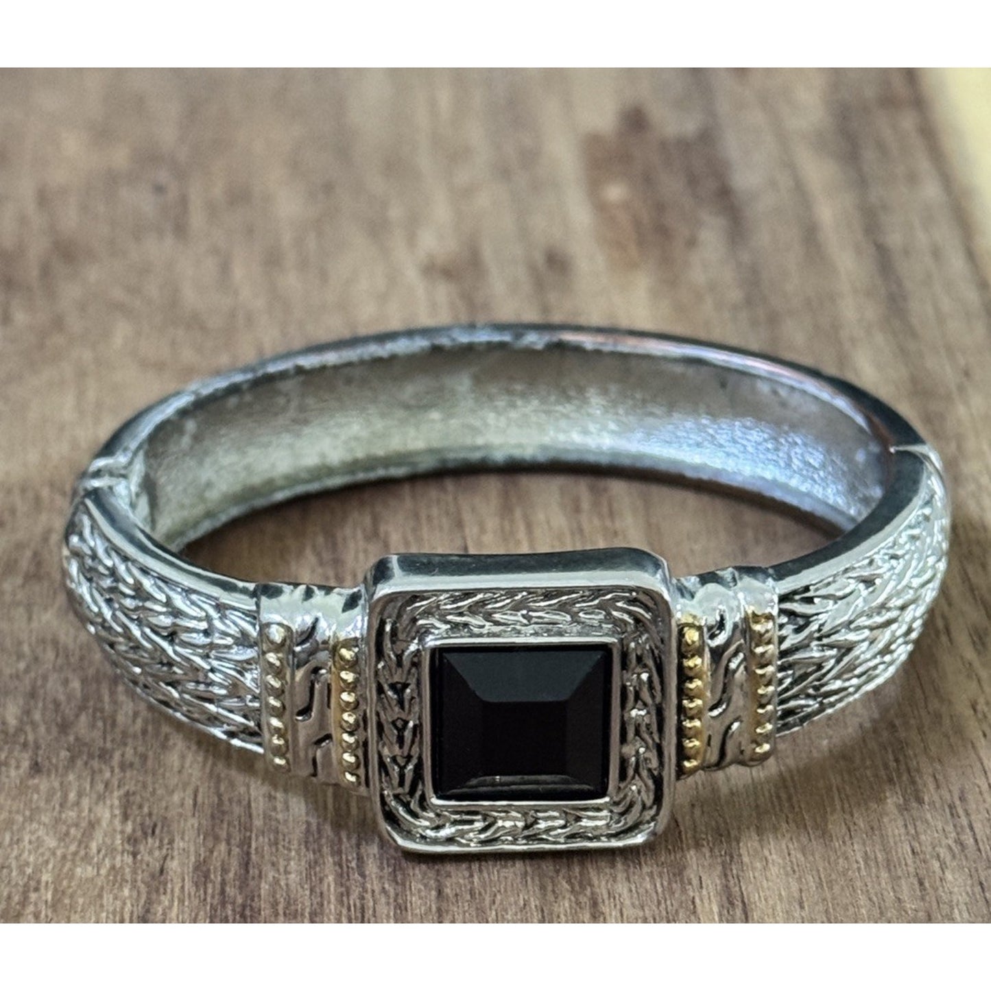 Black Stone Hinged Bangle Bracelet Silver And Gold Tone Designer Style