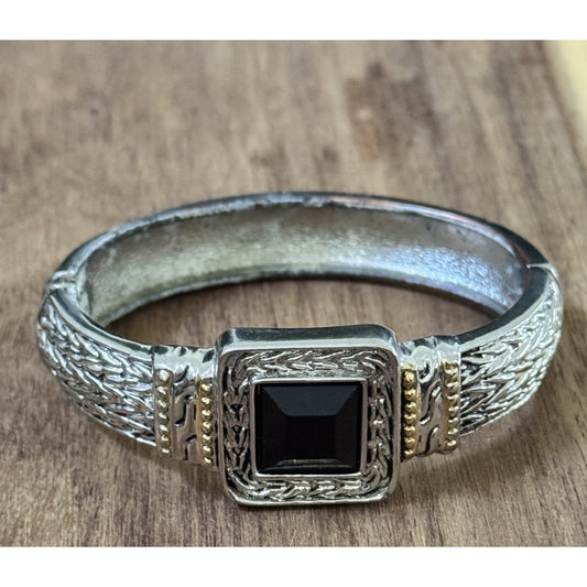 Black Stone Hinged Bangle Bracelet Silver And Gold Tone Designer Style