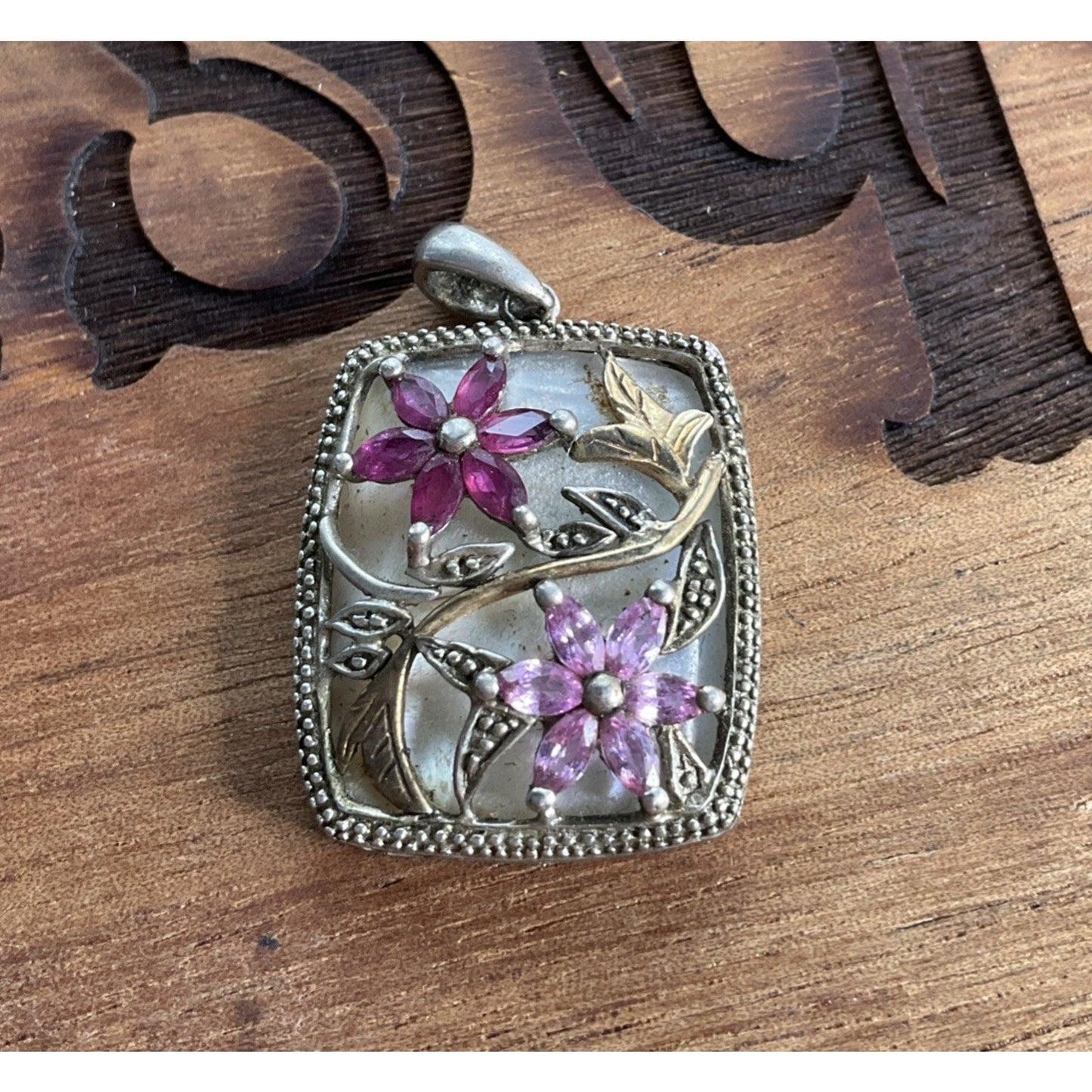 Sterling Silver 925 & 14K Gold Floral Pendant Pink Gemstone Flower Vintage Style