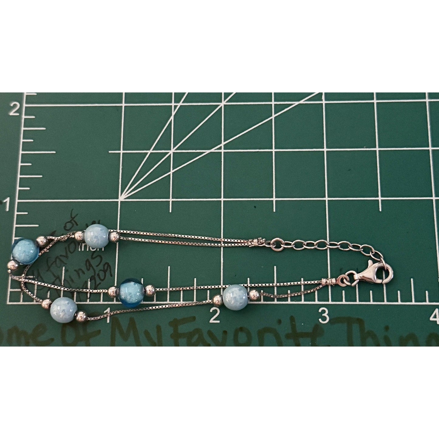 925 Sterling Silver Double Strand Bracelet Blue Glass & Crackle Glass Beads 7”