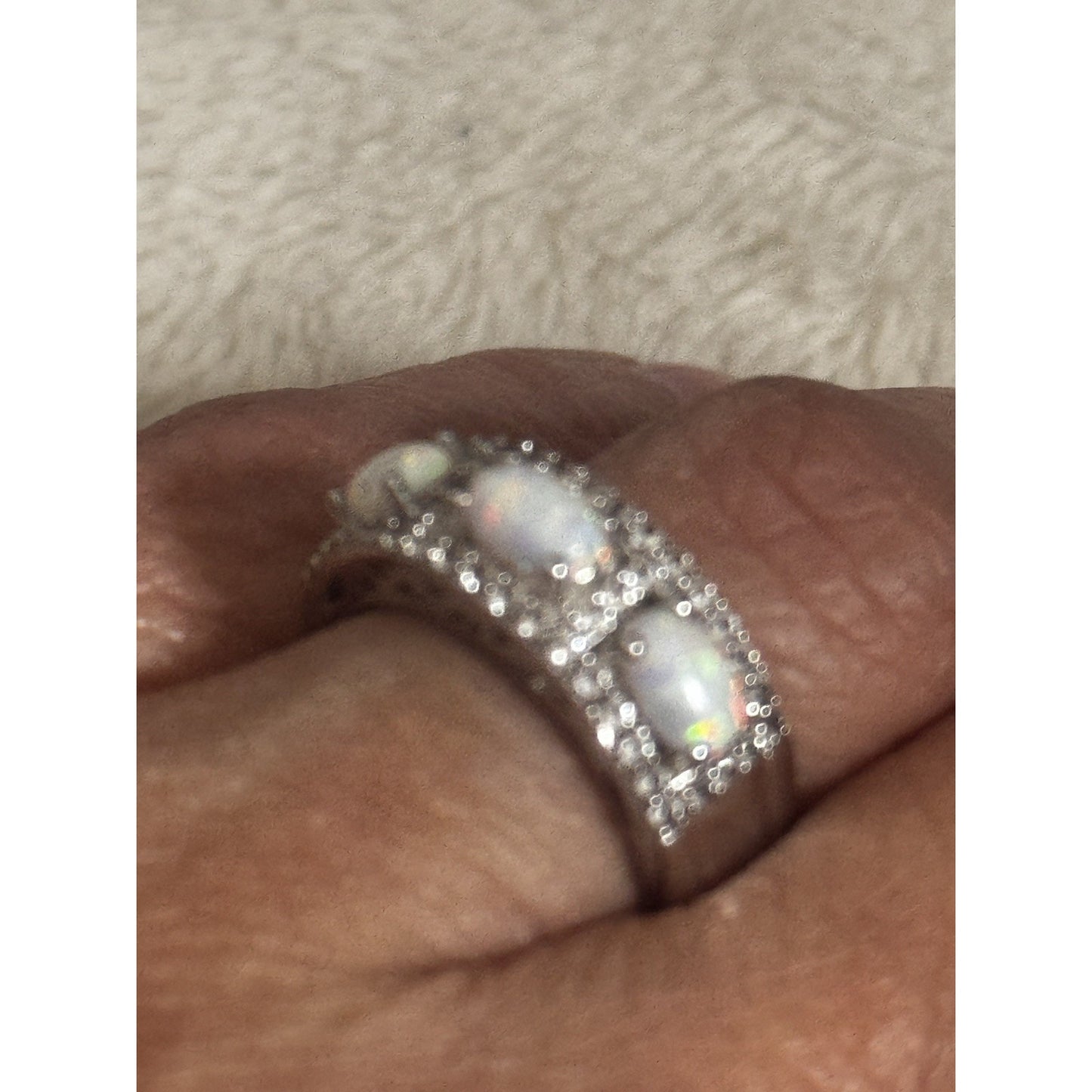 Signed SUN 925 Sterling Silver 3 Stone Oval Opal Ring Pave Size 6.5 Wide Band