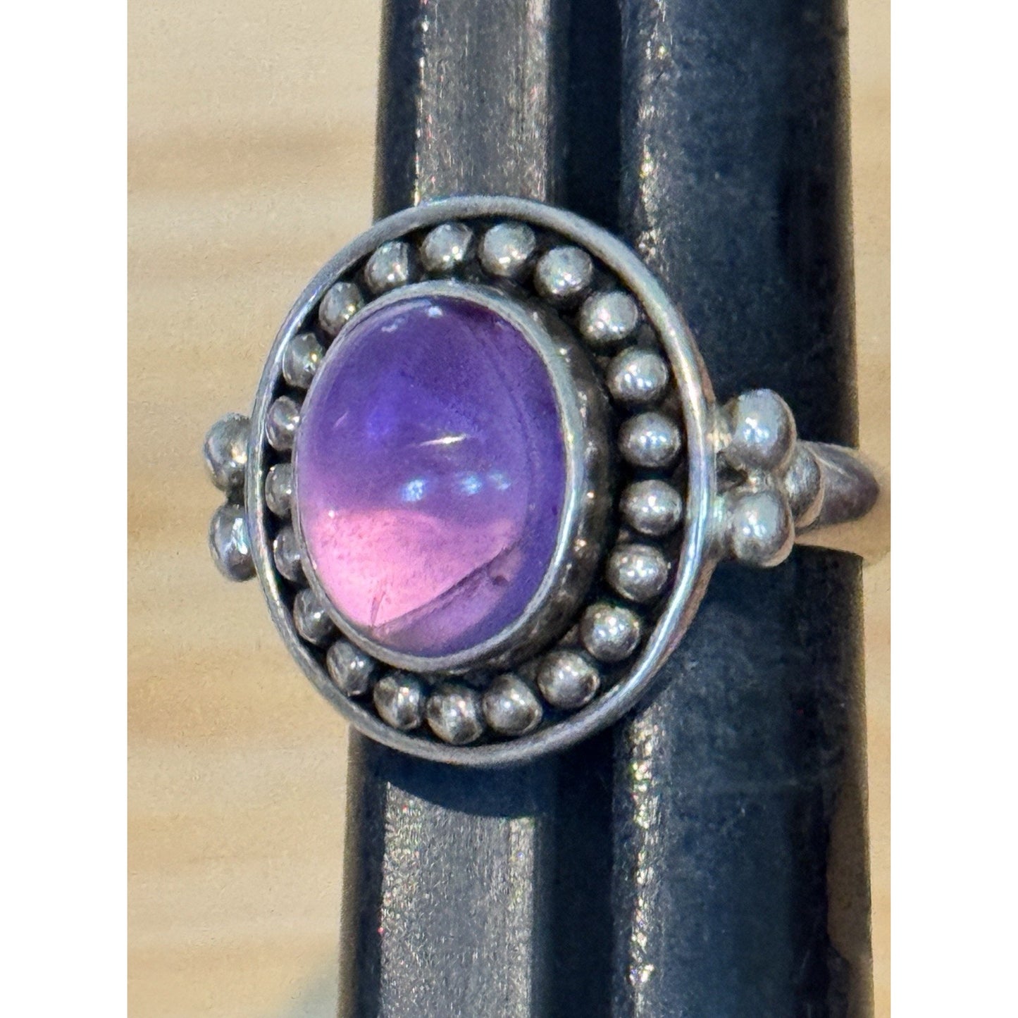 Amethyst Cabochon Sterling Silver Beaded Purple Gemstone Ring Size 7.5 India