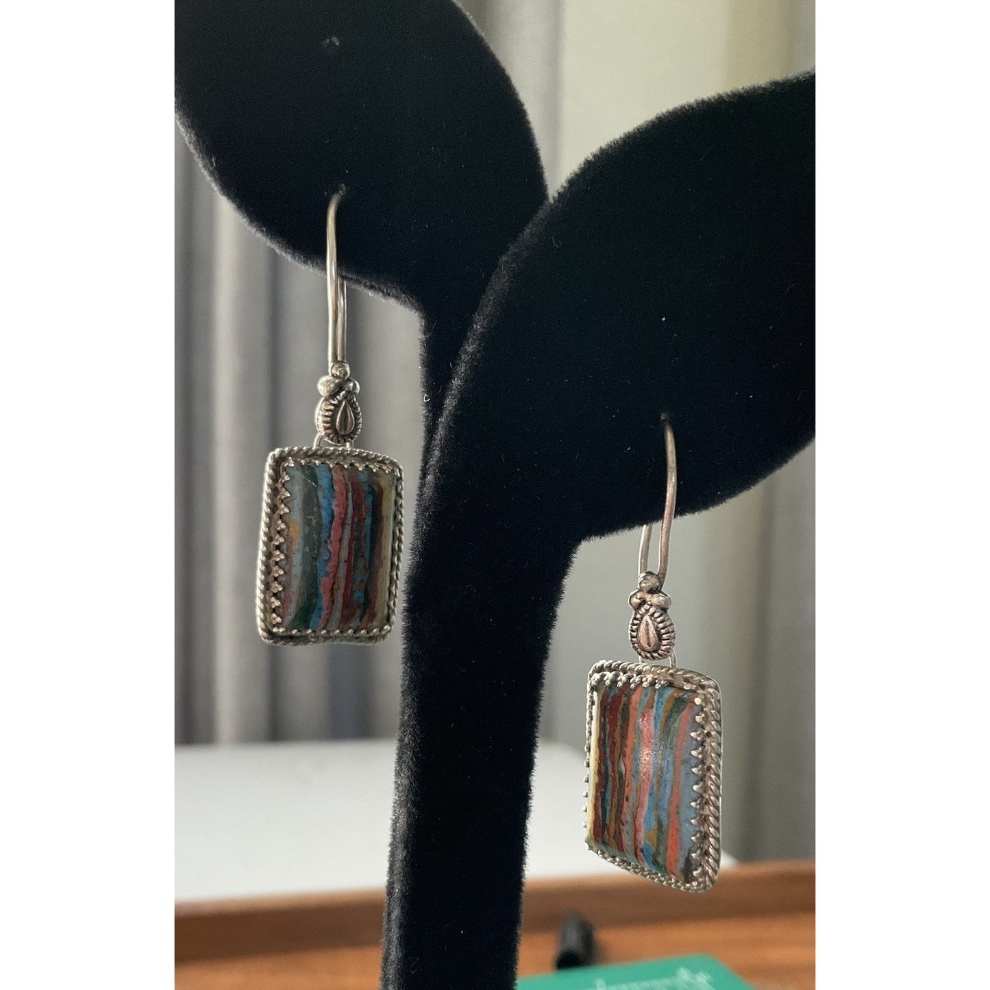 Don Lucas Navajo DF Sterling Rainbow Calsilica Earrings Southwest Artisan Silver