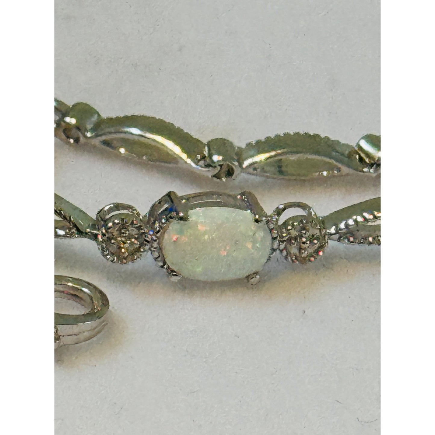 925 Sterling Silver Opal Cabachon Moissanite Bracelet 7.5” White Fire Opal 6g