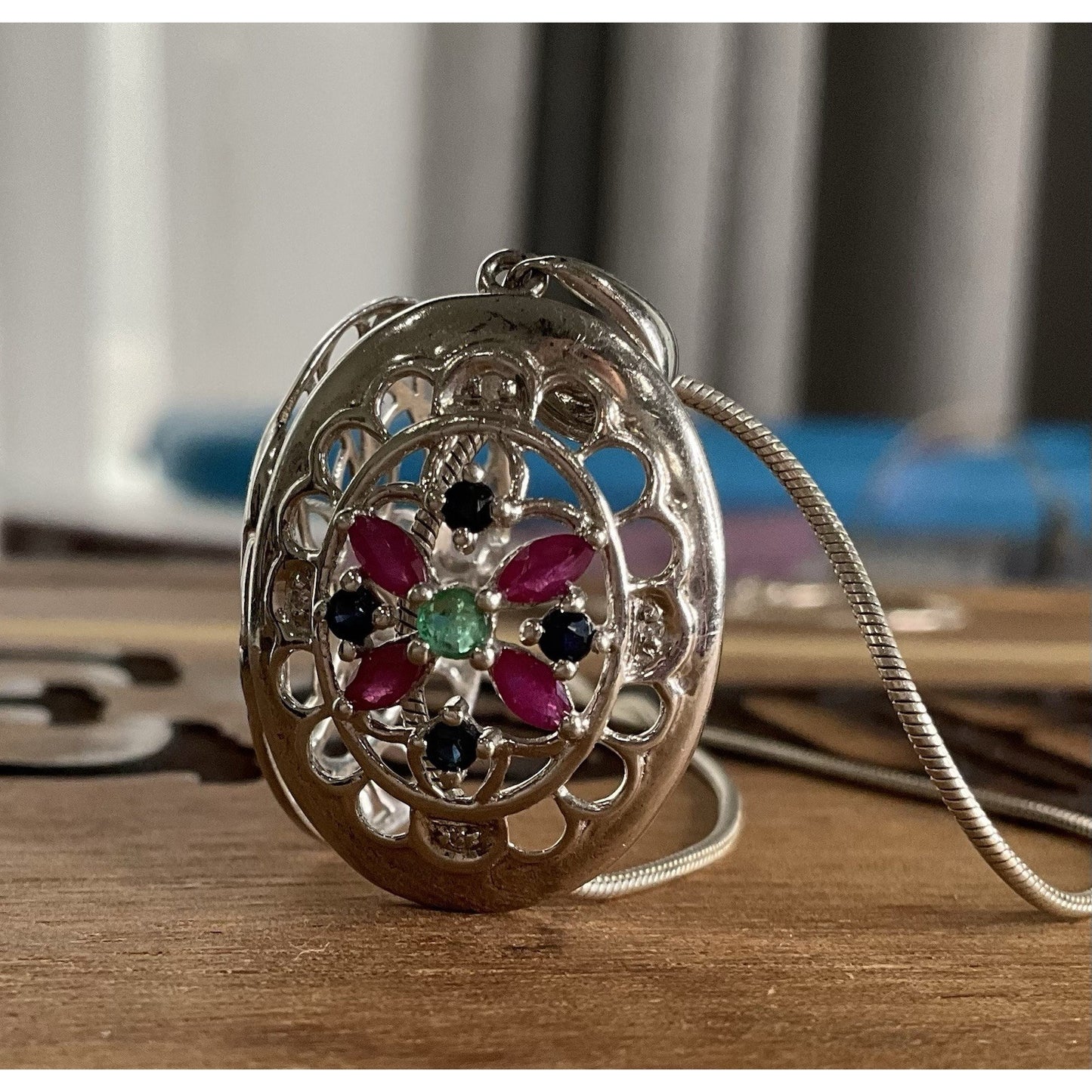 Vintage Sterling Silver Locket Necklace 925 Italy GRP Multi Stone