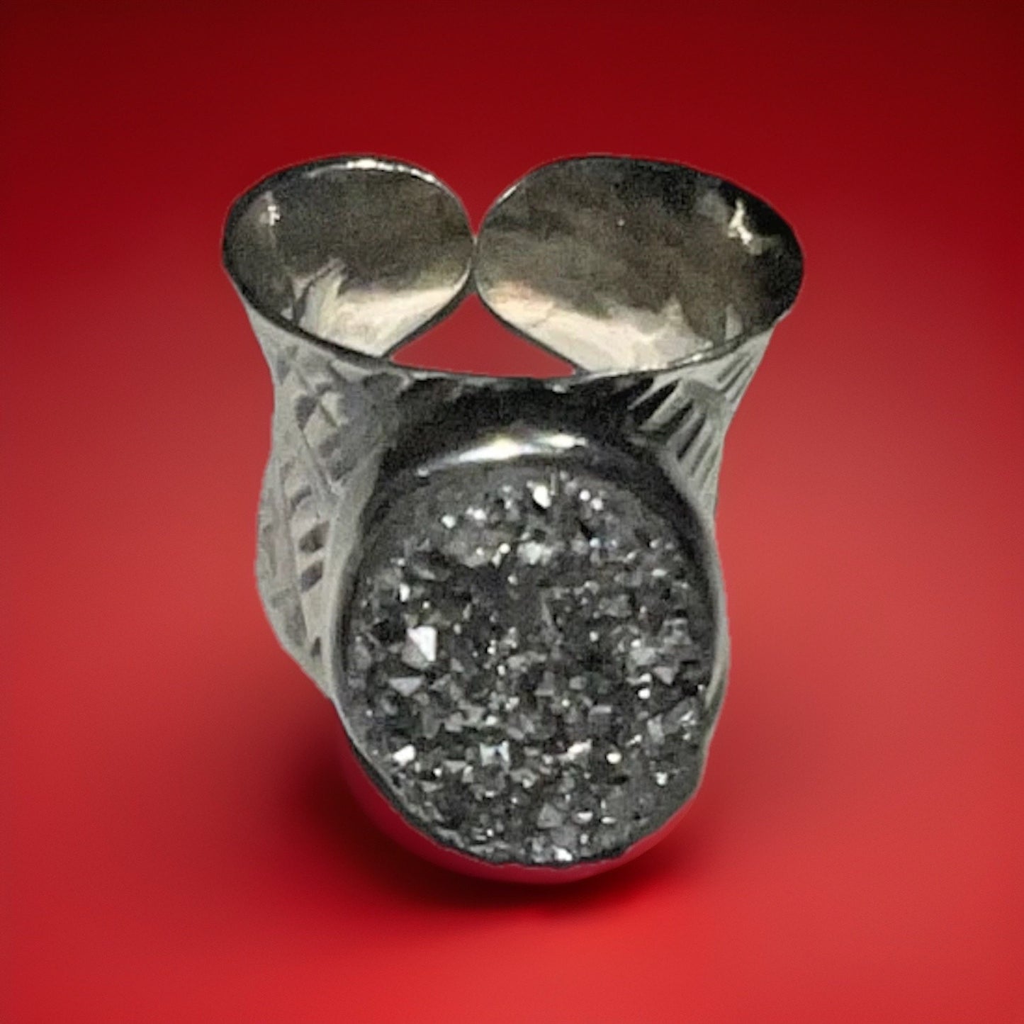 CFJ Sterling Silver Ring with Black Druzy Quartz Stone Adjustable Size 7