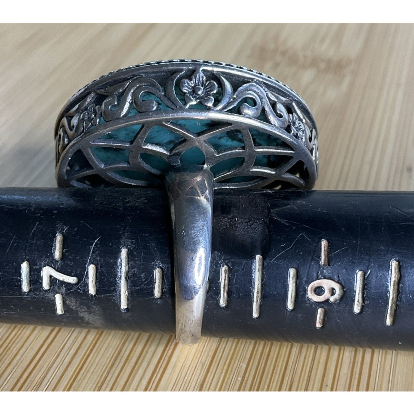 Large Sterling Silver Bold Turquoise Statement Ring Filigree Wide Band Size 8