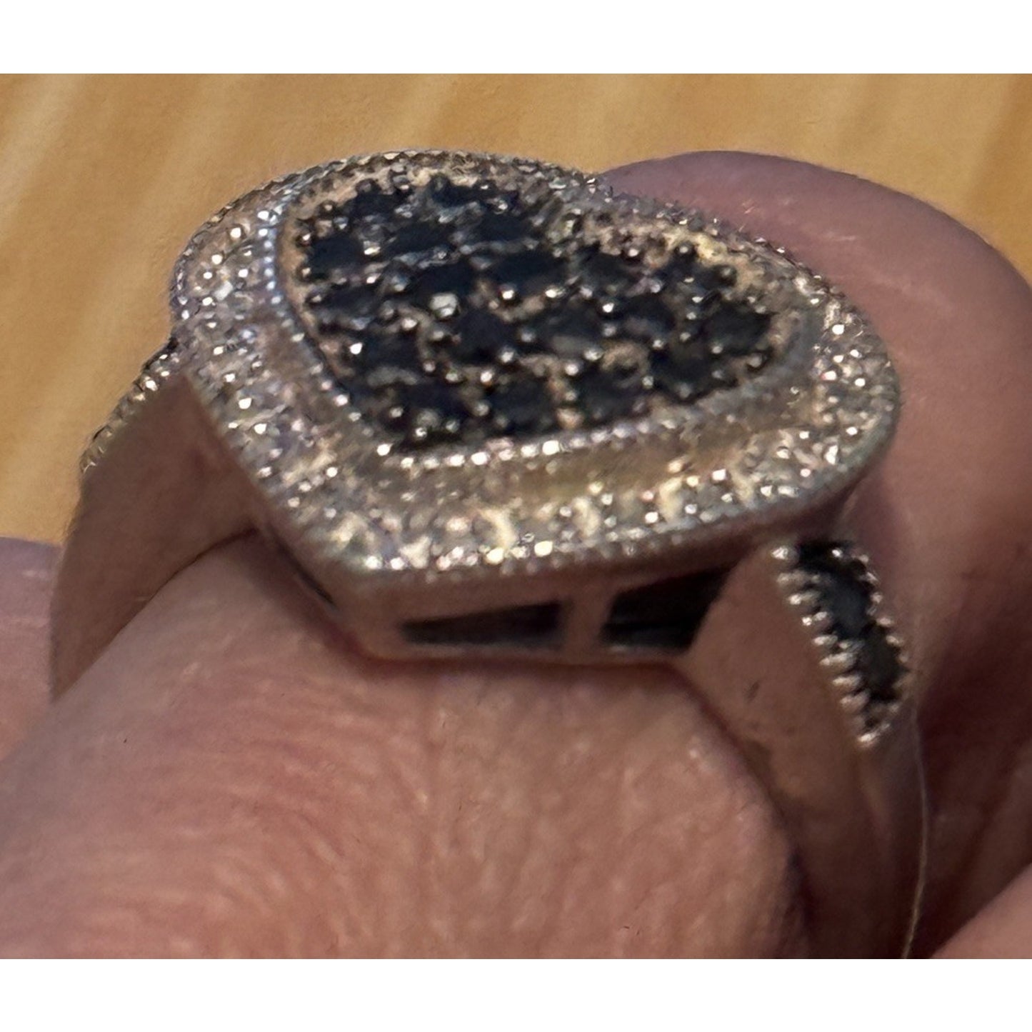 Vintage Sterling Silver Black and White Moissanite Heart Cluster Ring Size 7.5