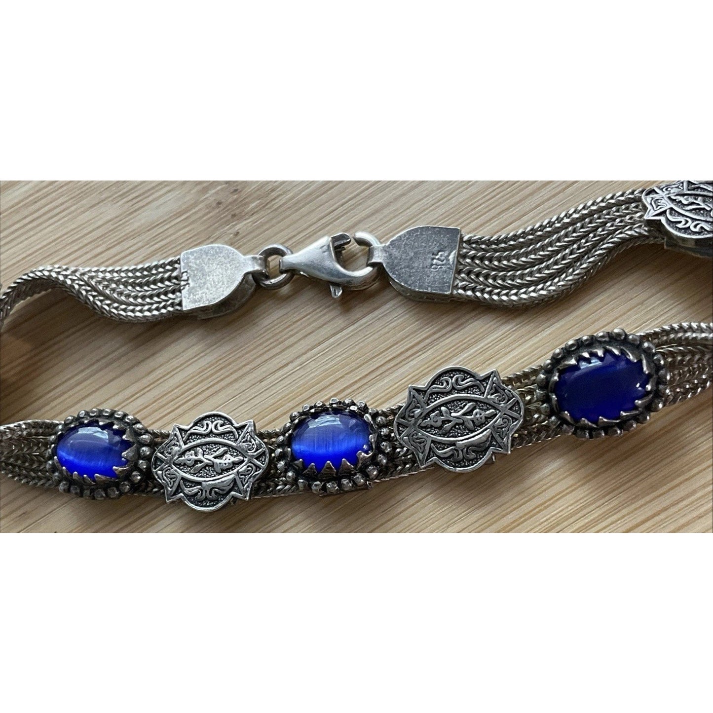 Vintage 925 Sterling Silver Blue Cat Eye Concho Multi Strand Bracelet 7.25”
