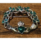 Vintage SOLVAR Irish Claddagh Shamrock Brooch Green Enamel Pin w Box Ireland