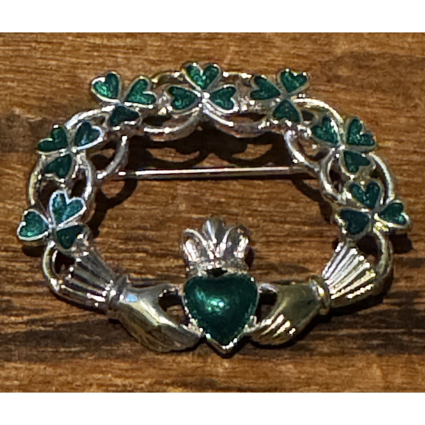 Vintage SOLVAR Irish Claddagh Shamrock Brooch Green Enamel Pin w Box Ireland