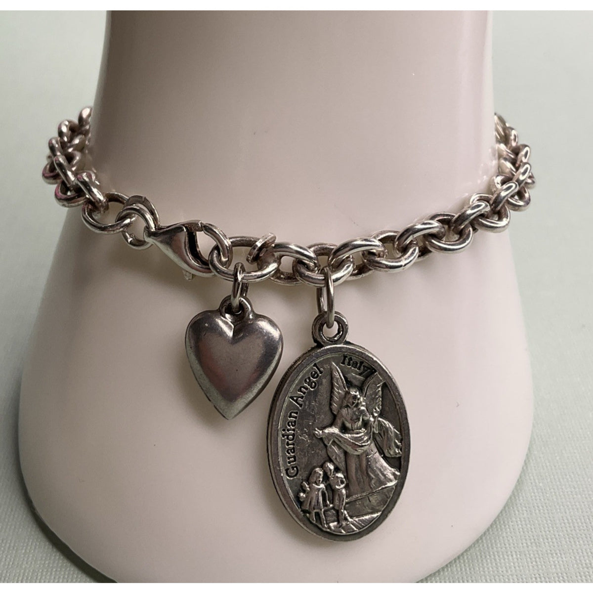 Vintage Italy Sterling Silver Guardian Angel Heart Charm Bracelet