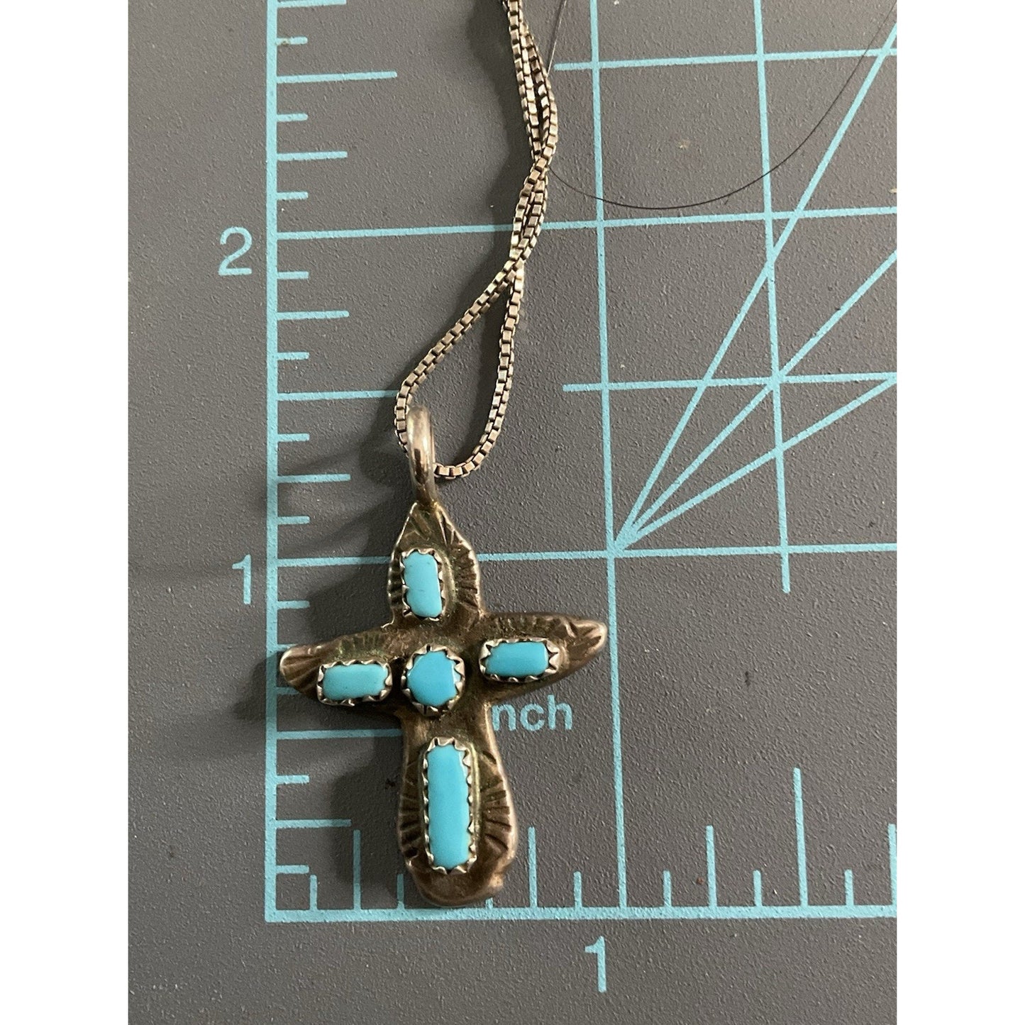 Vintage Sterling Turquoise Native American Signed Cross Pendant & 24” Chain 925