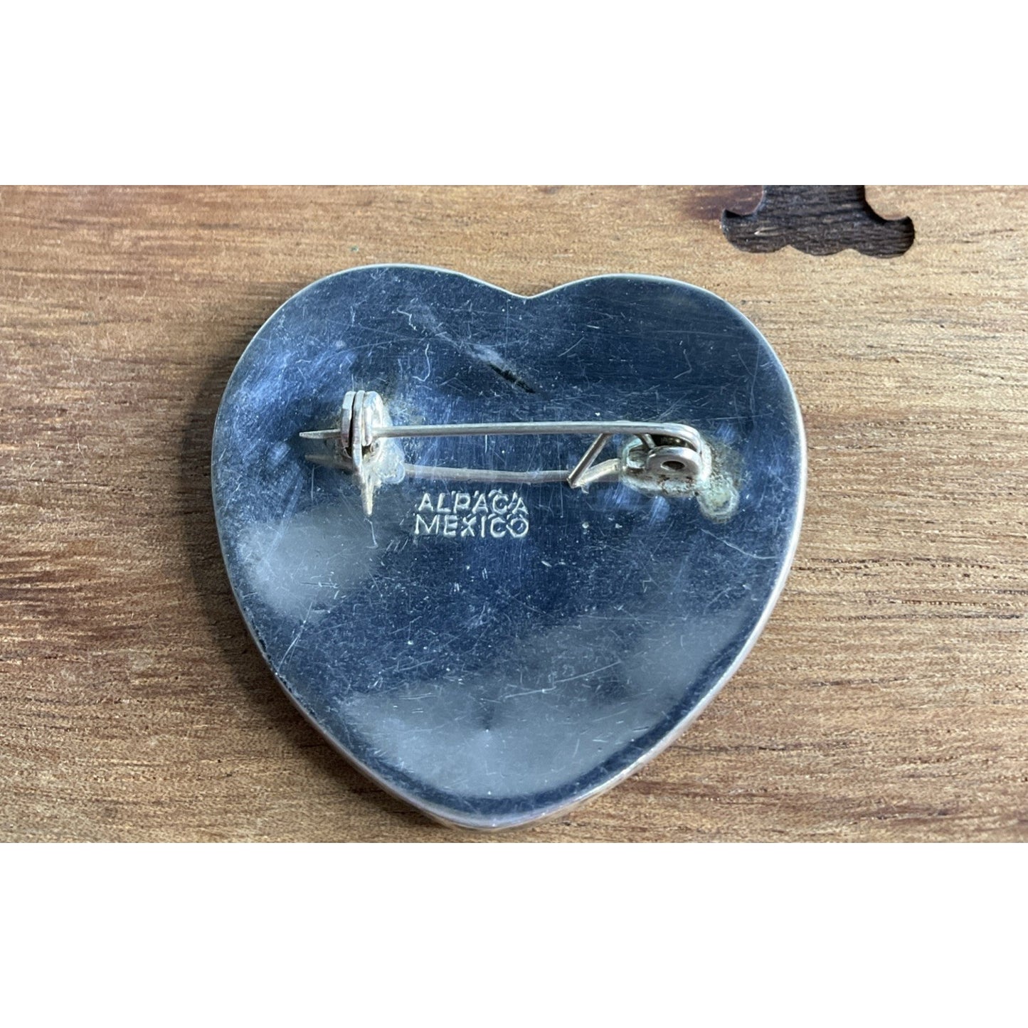 Vintage Alpaca Mexico Abalone Shell Heart Brooch Pin Floral Inlay Mother Pearl