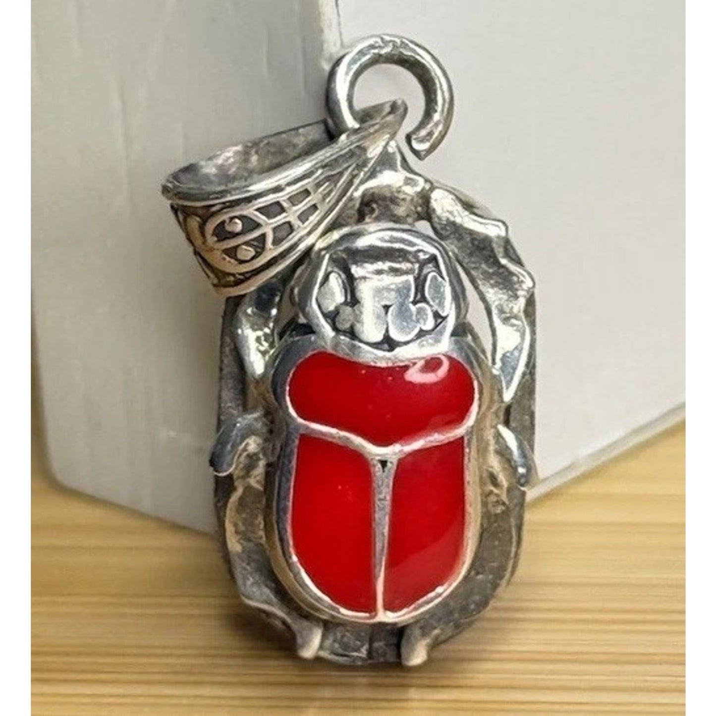 Vintage Sterling Silver & Red Enamel Egyptian Scarab 925 Pendant Or Charm