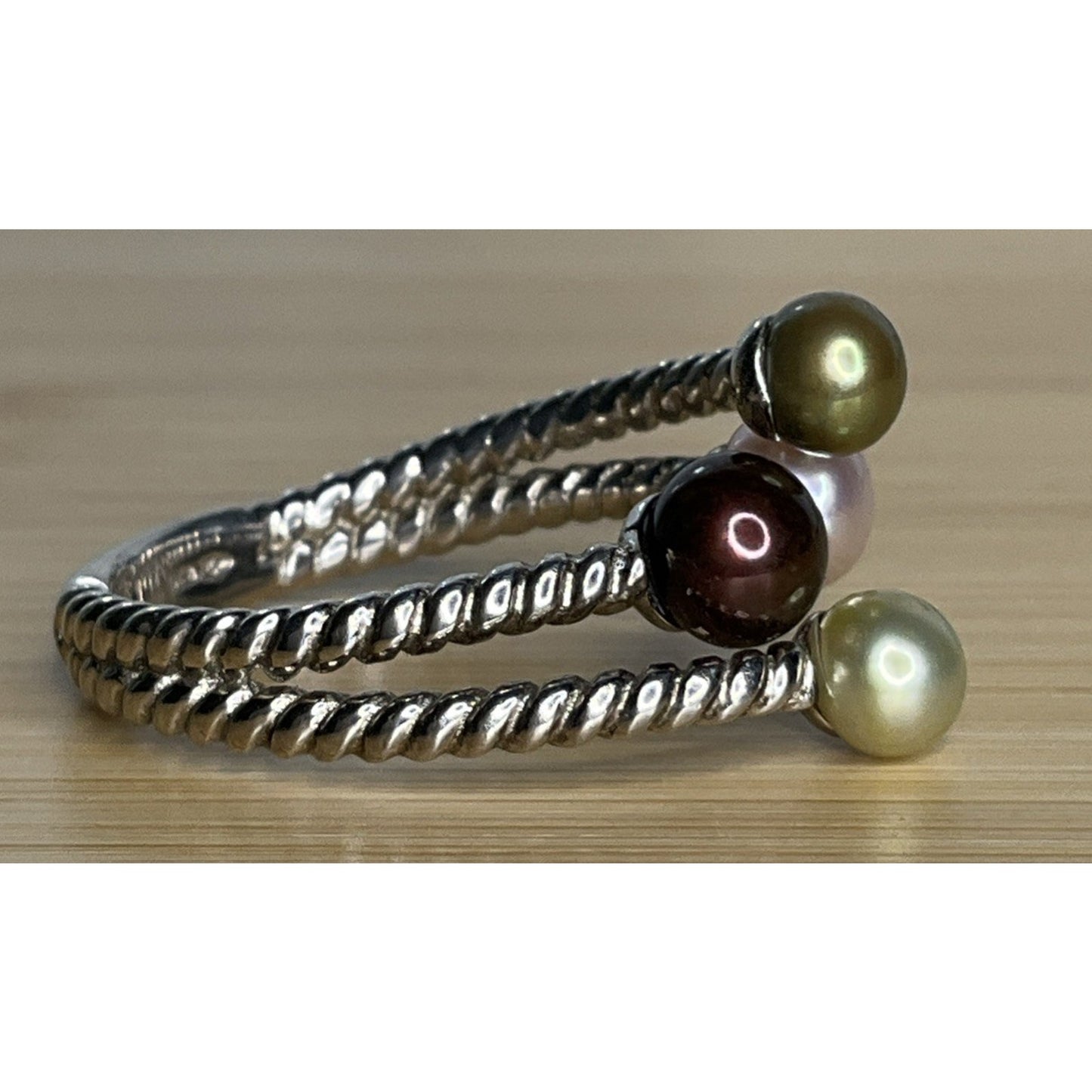 Sterling Silver 925 Multicolor Pearl 3 Row Rope Wrap Ring Size 7.5