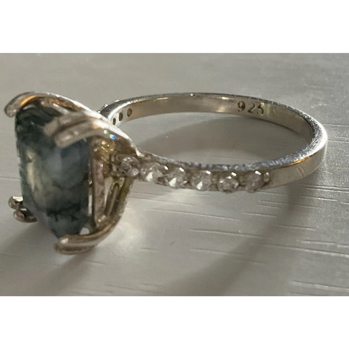 Vintage Sterling Silver Moss Agate Ring Size 8 Emerald Cut Dendritic Style 925
