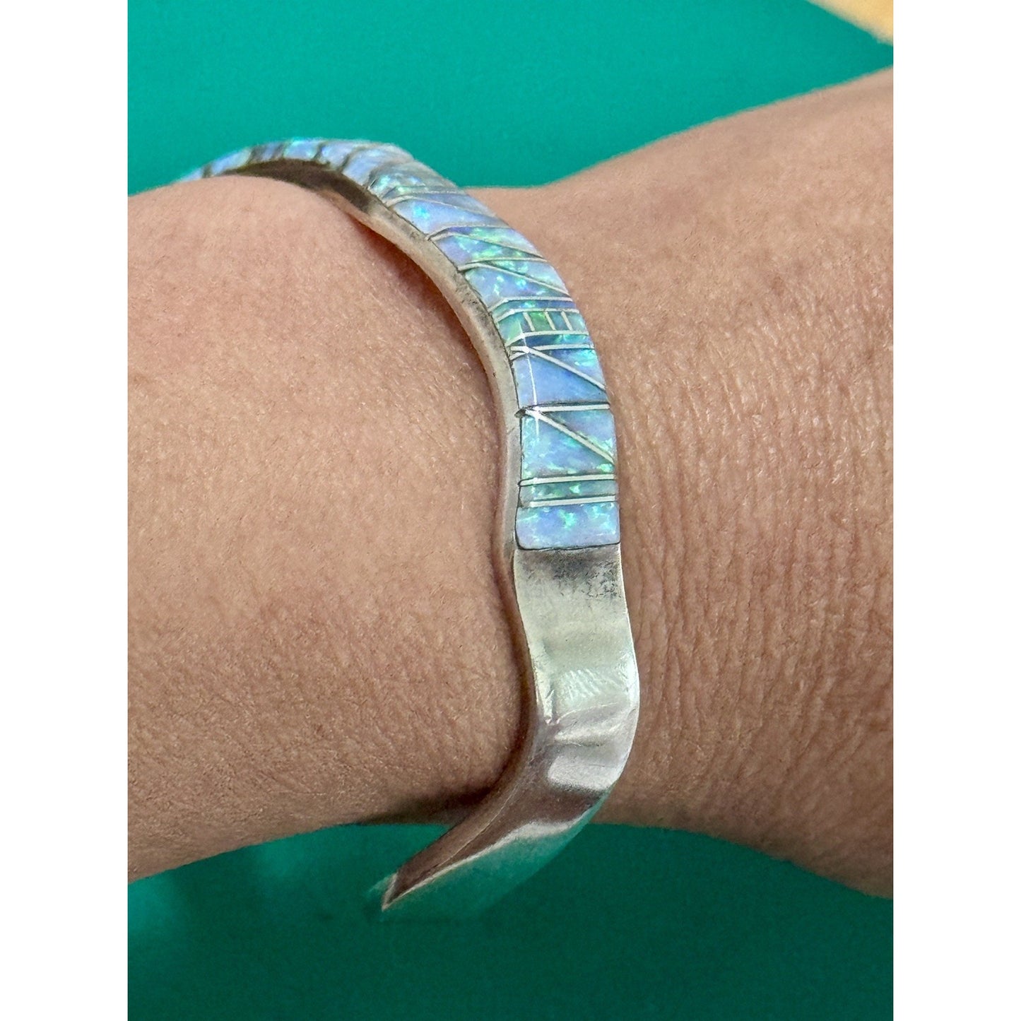 Vintage Southwestern Sterling Silver Blue Green Opal Inlay Cuff Bracelet 22g