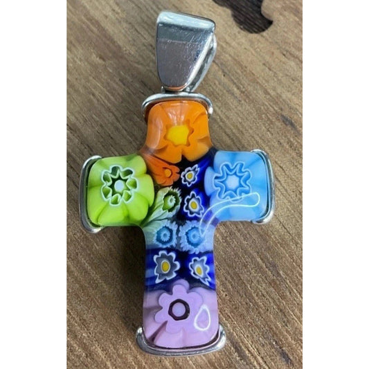 Sterling Silver Allan K Millefiori Murano Floral Glass Cross Pendant