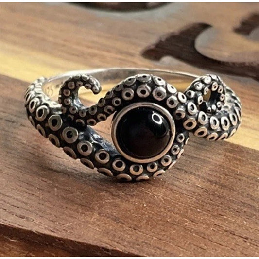 Vintage Sterling Silver Octopus Tentacle Ring Size 10 Black Onyx Stone Ocean
