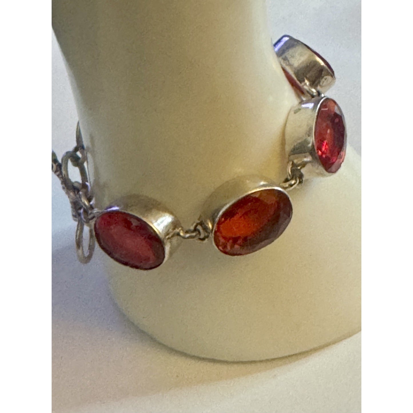 Sterling Silver 925 Orange Red Faceted Quartz Bracelet 30.5g Adjustable Toggle