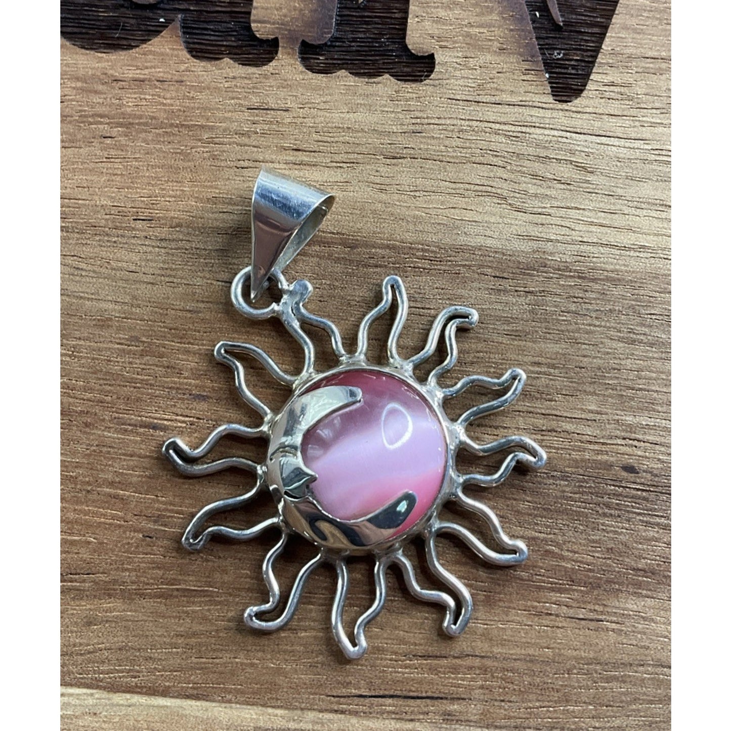 Vintage 925 Mexico Sterling Silver Sun Pendant Pink Cabochon