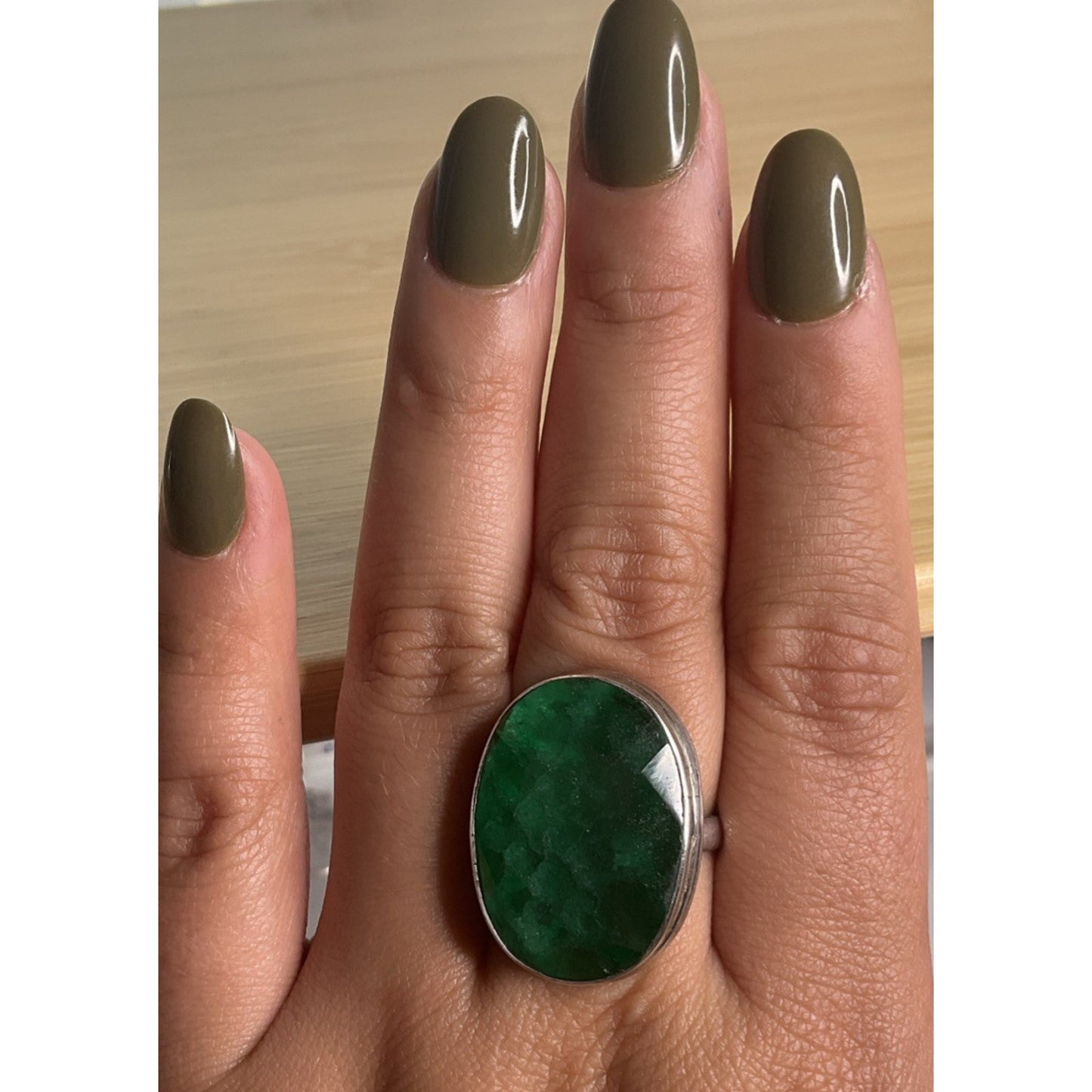 Vintage Large Green Gemstone Sterling Silver Statement Dramatic Ring Size 8