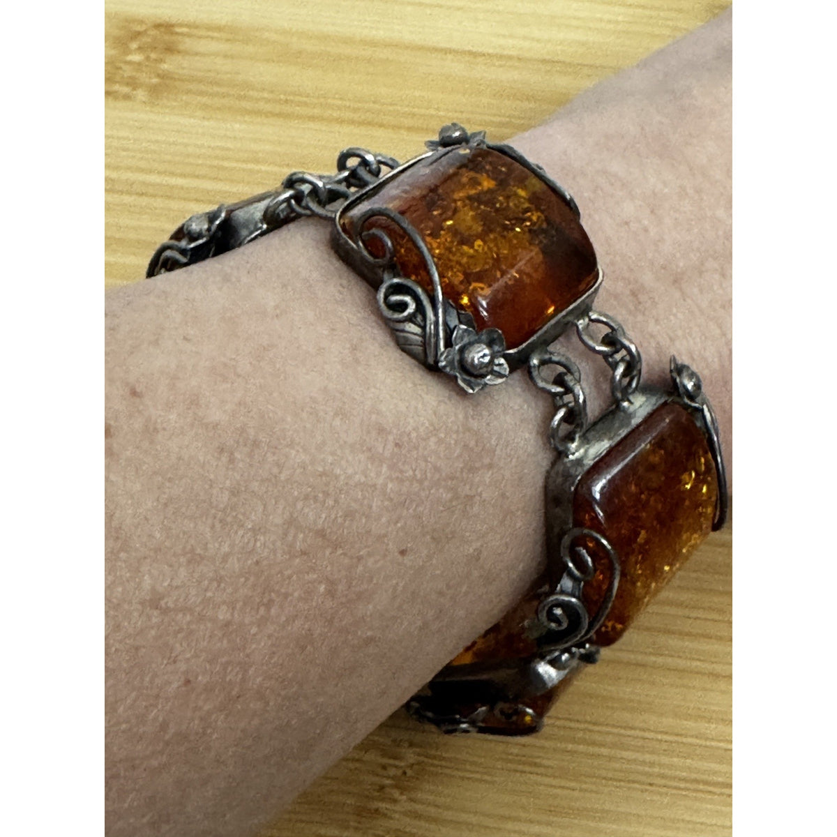 Vintage Baltic Amber Panel Bracelet Sterling Silver Art Nouveau 7 3/4” 51 Grams