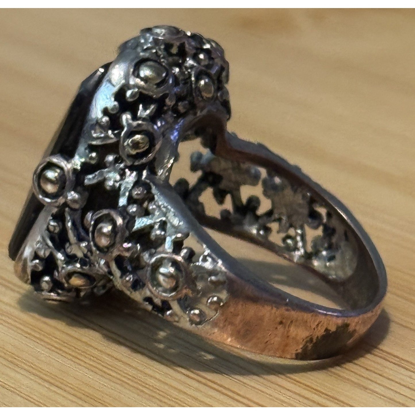 Vintage 18K GE Black Faceted Stone Cocktail Ring Gothic Victorian Revival Sz 8.5