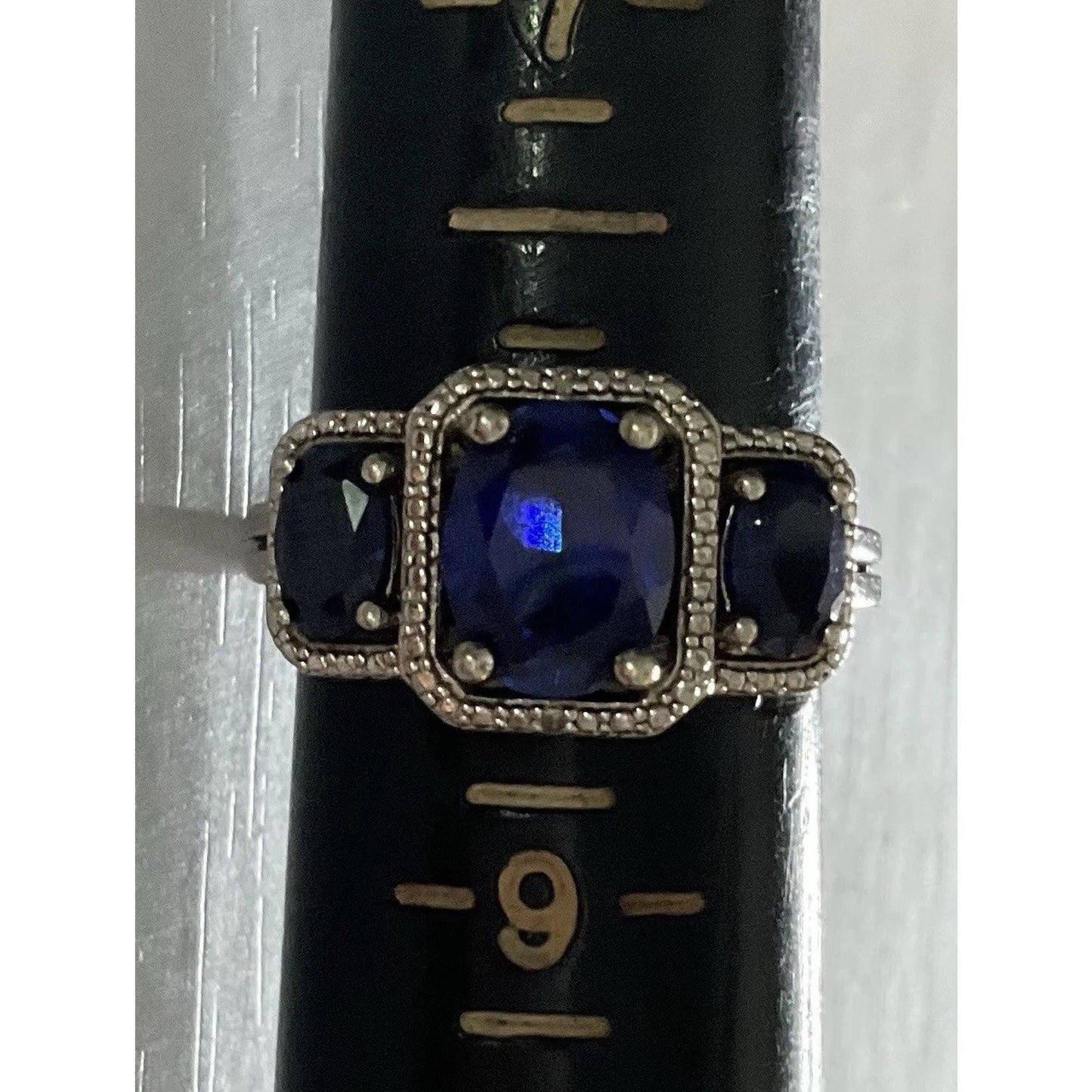 SAI Sterling Silver Blue Sapphire Blue 3 Stone Ring 925 Milgrain Setting Size 8
