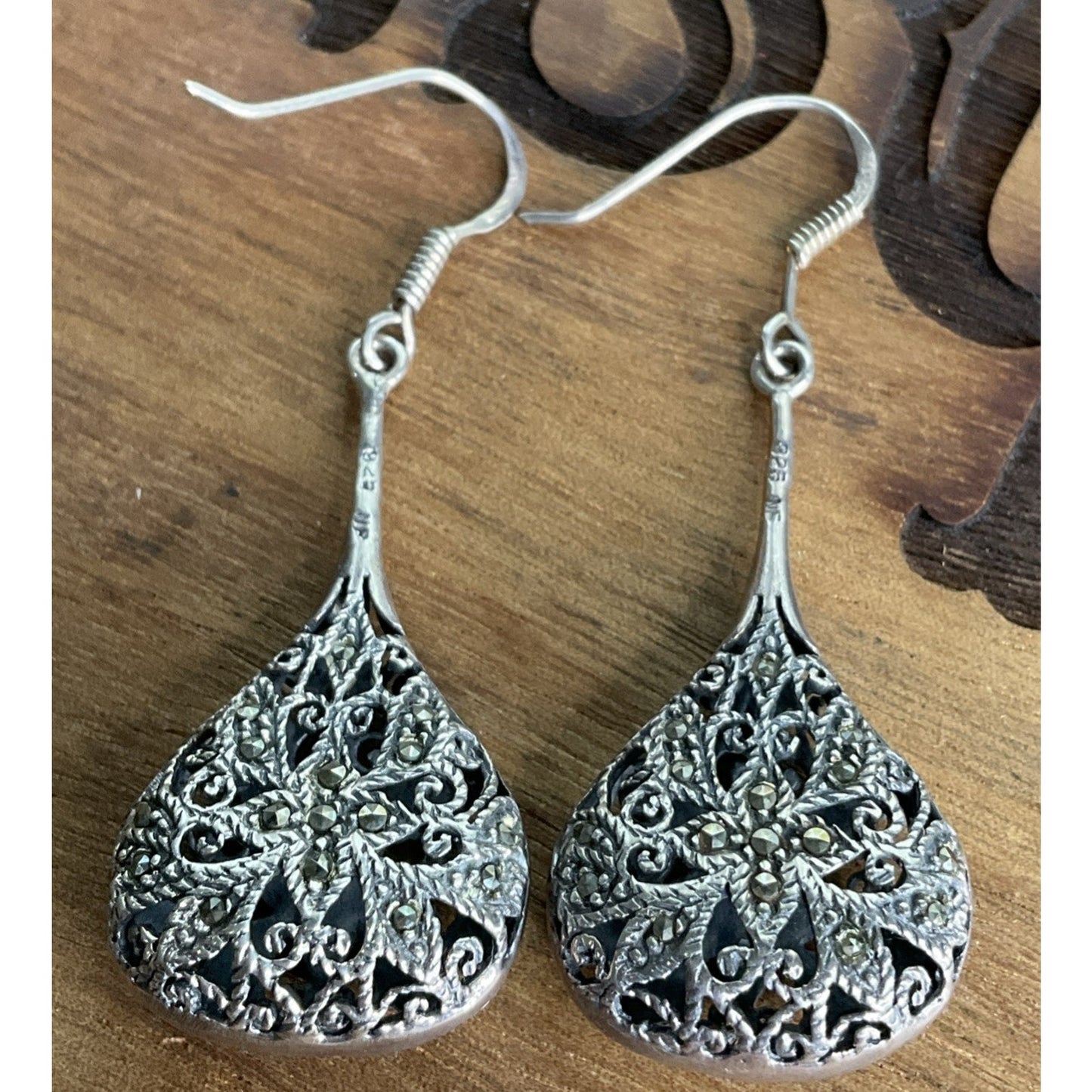 NF Sterling Marcasite Tear Drop Pendant Dangle Earrings Filigree Art Deco 17g!