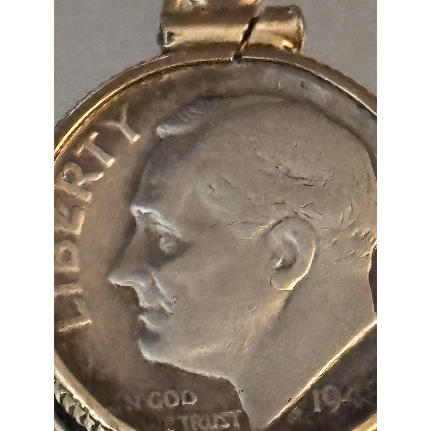 Vintage 1949 Roosevelt Dime 90% Silver Pendant Charm In 10K Gold WPC Bezel
